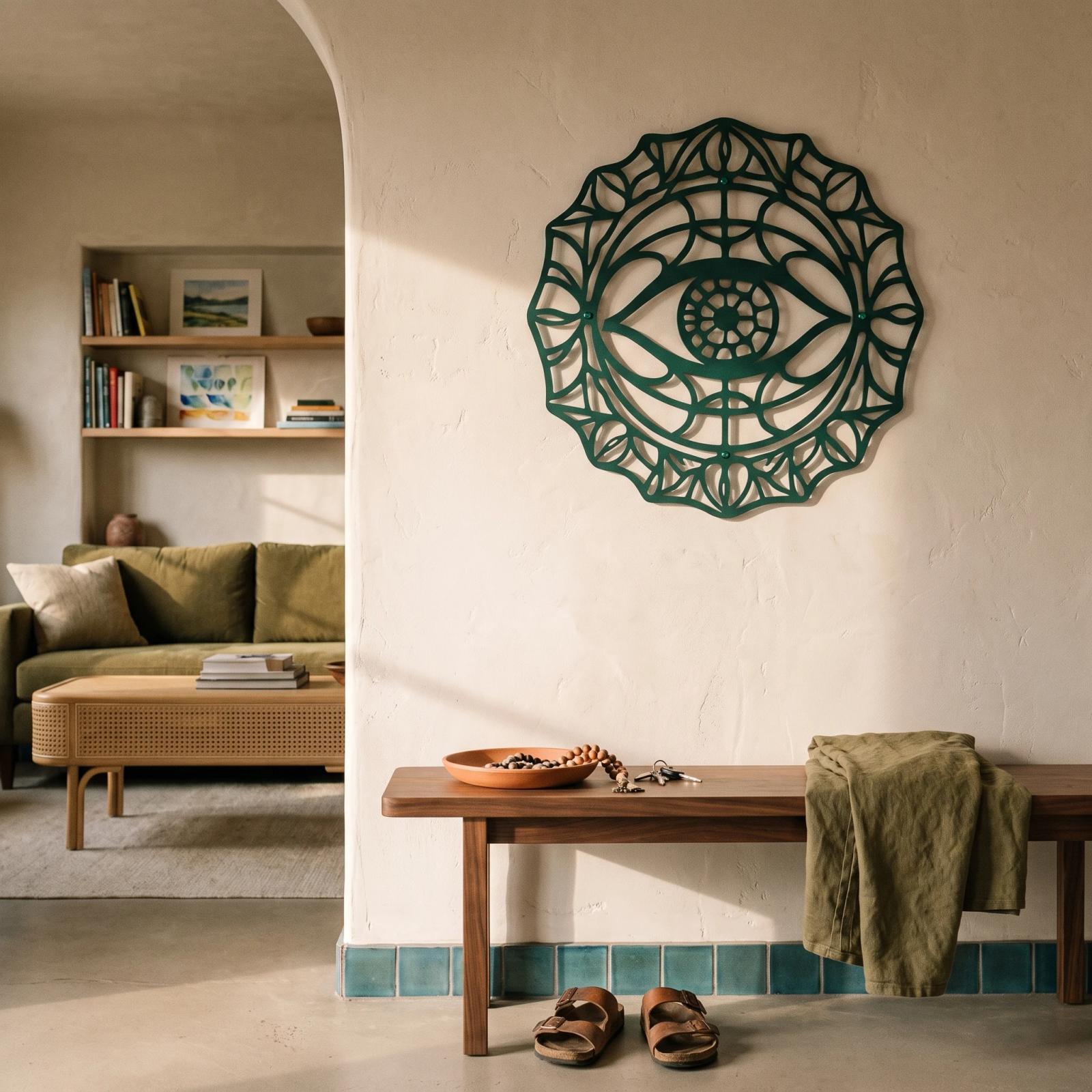 Evil Eye Metal Wall Art Round Mandala Talisman – Guardian Bloom, Entryway Decor