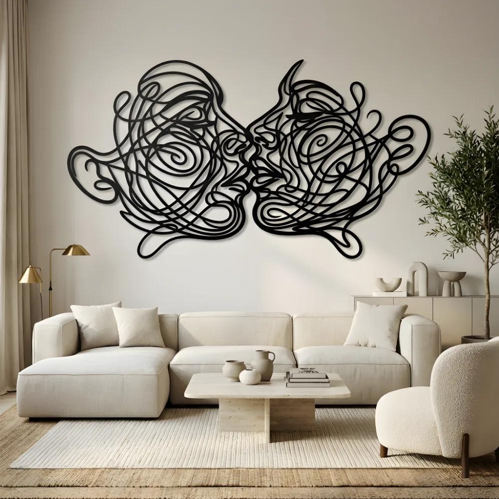 Romantic Couple Kiss Metal Wall Art – Swirling Faces, Bedroom Decor