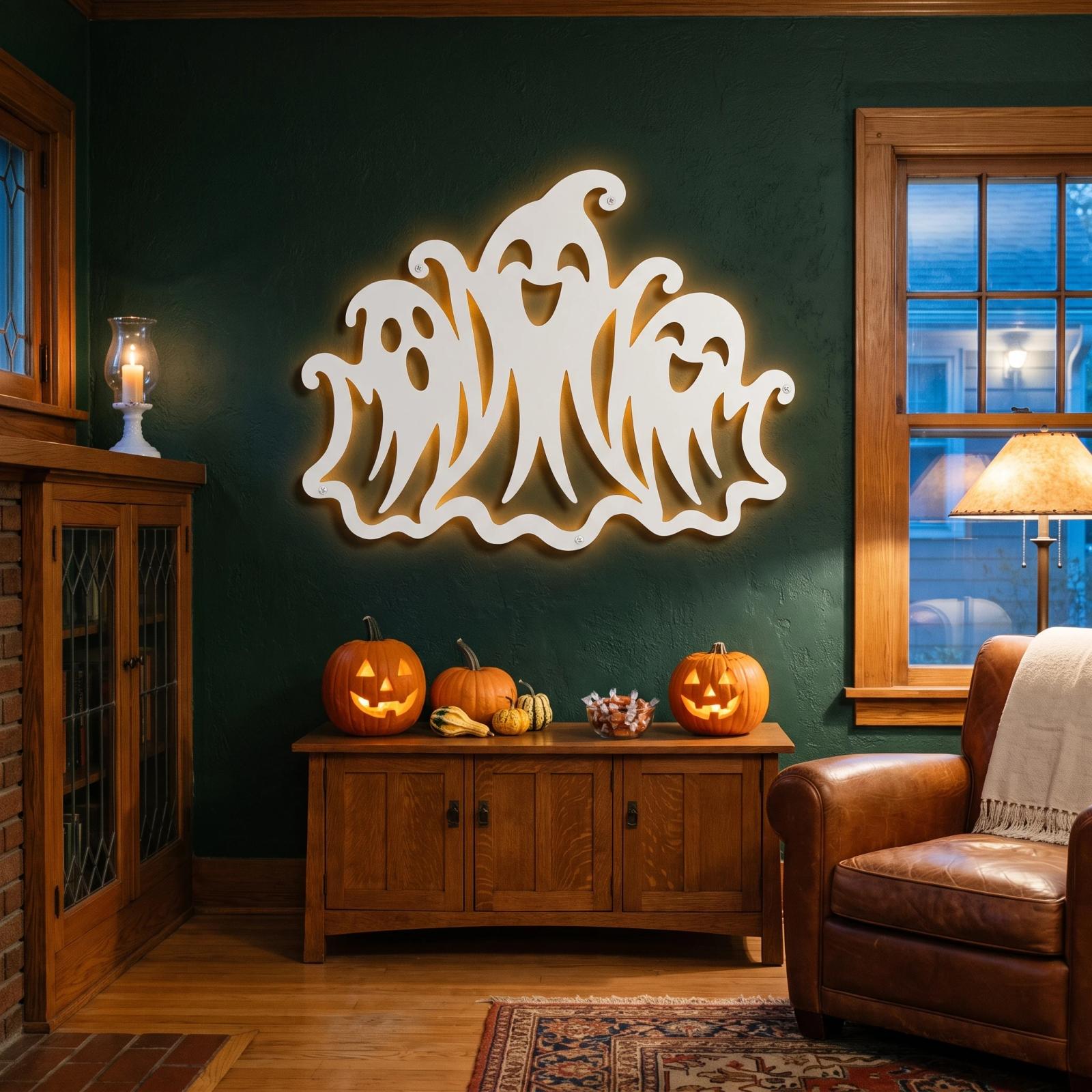 Three Ghosts Halloween LED Metal Wall Art – Merry Haunt, Porch & Living Room Decor
