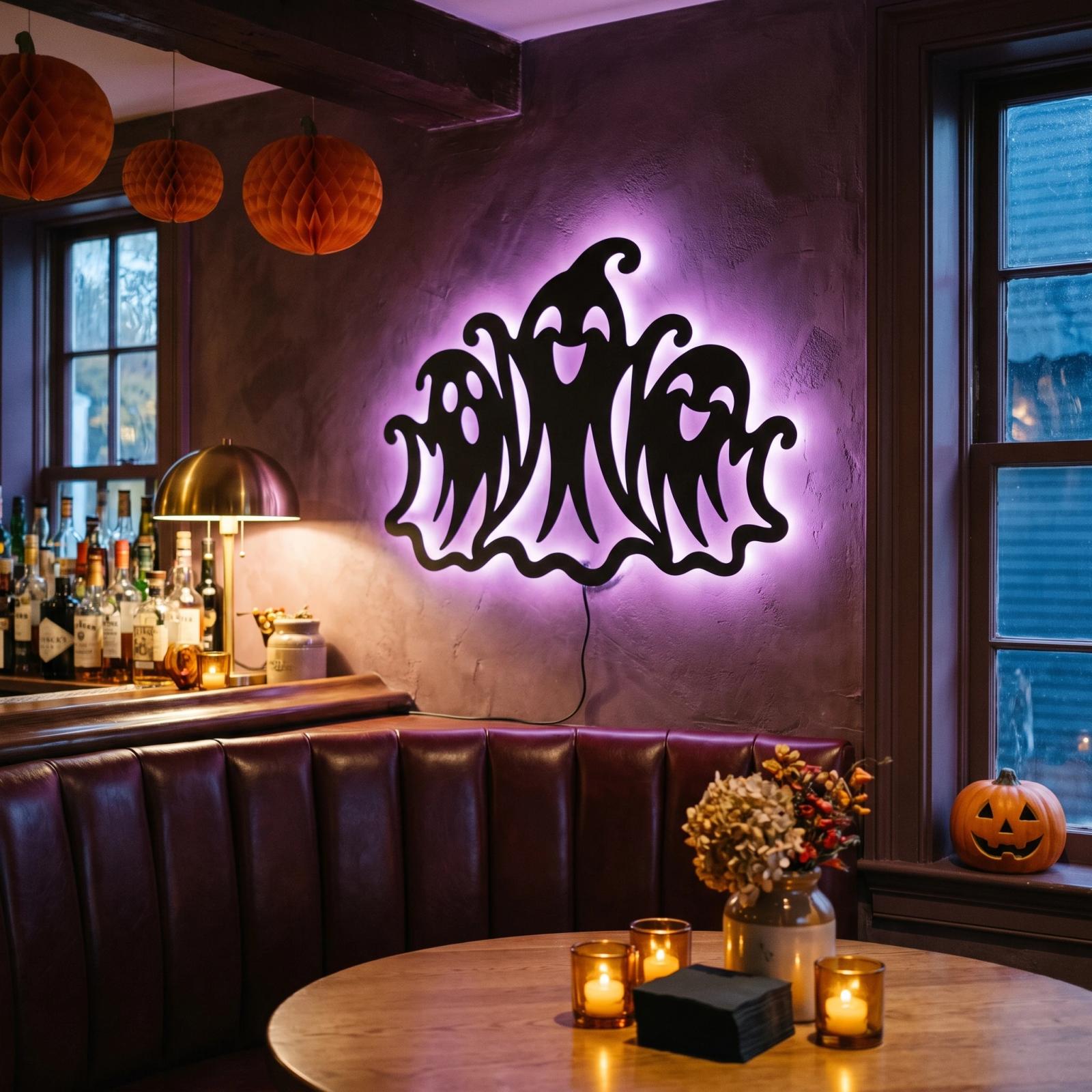 Three Ghosts Halloween LED Metal Wall Art – Merry Haunt, Porch & Living Room Decor — 3