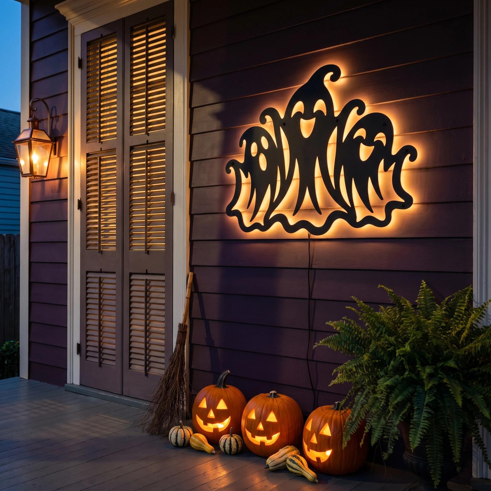 Three Ghosts Halloween LED Metal Wall Art – Merry Haunt, Porch & Living Room Decor — 4