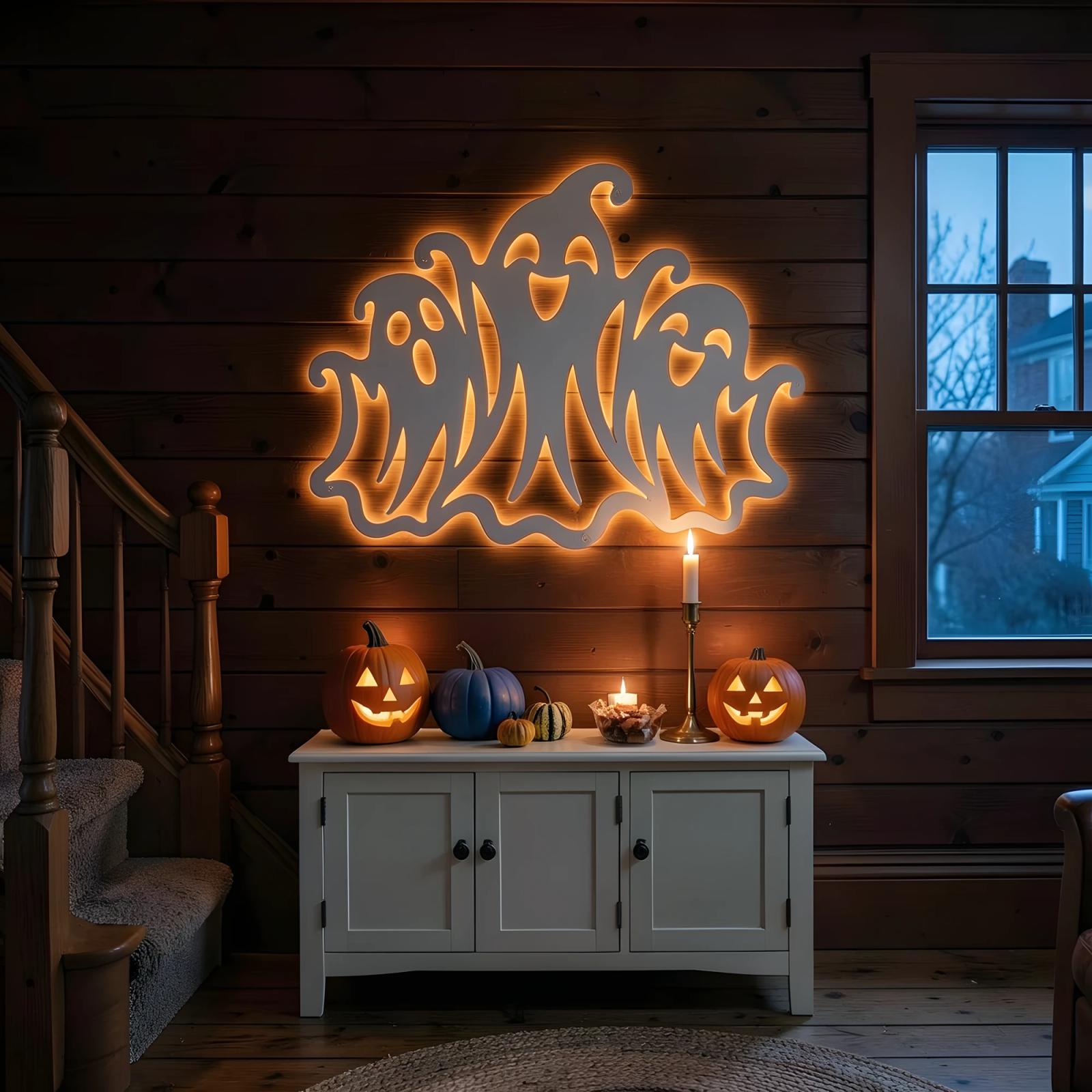 Three Ghosts Halloween LED Metal Wall Art – Merry Haunt, Porch & Living Room Decor — 5