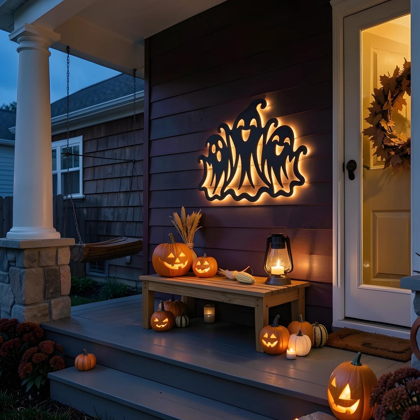 Three Ghosts Halloween LED Metal Wall Art – Merry Haunt, Porch & Living Room Decor — 6