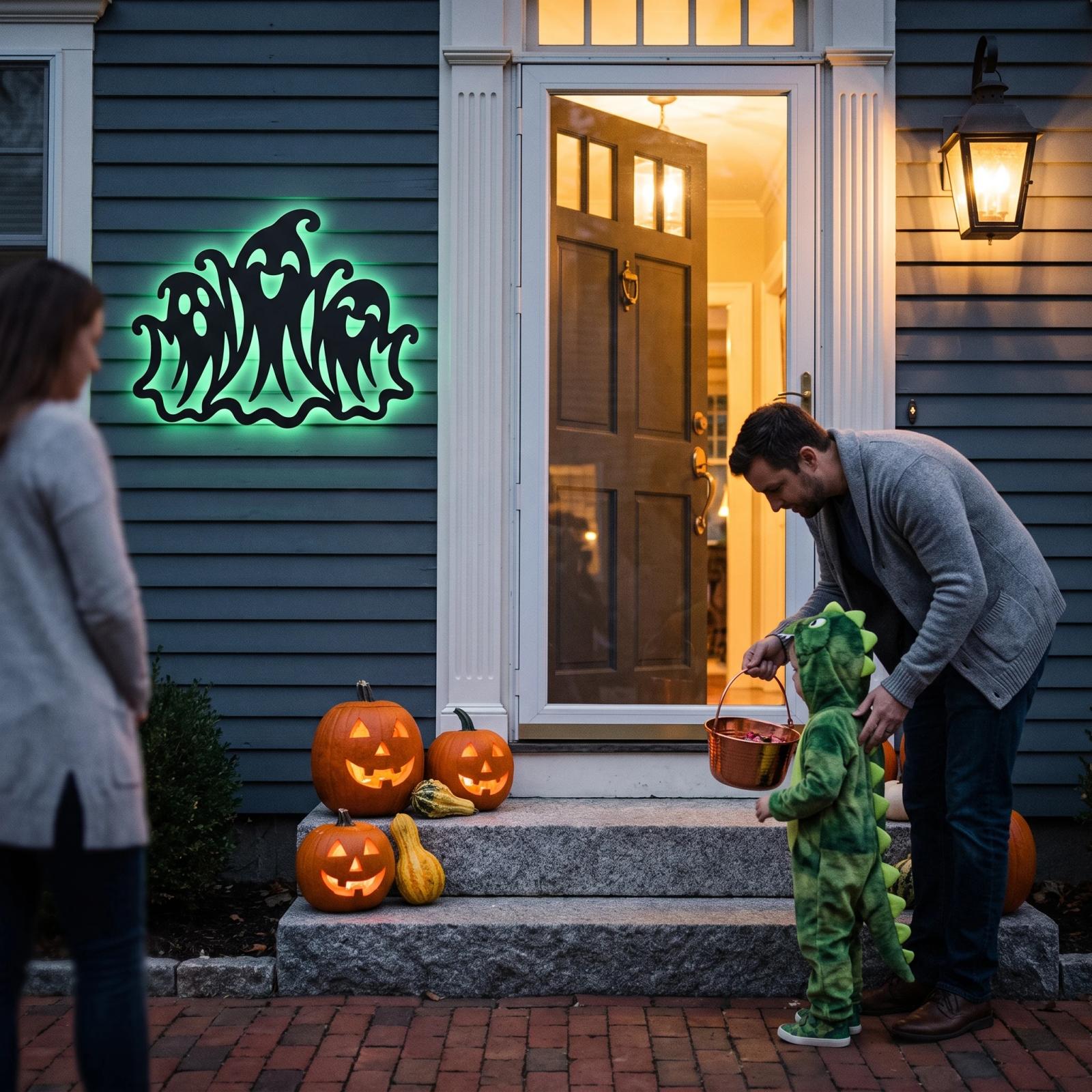 Three Ghosts Halloween LED Metal Wall Art – Merry Haunt, Porch & Living Room Decor — 7