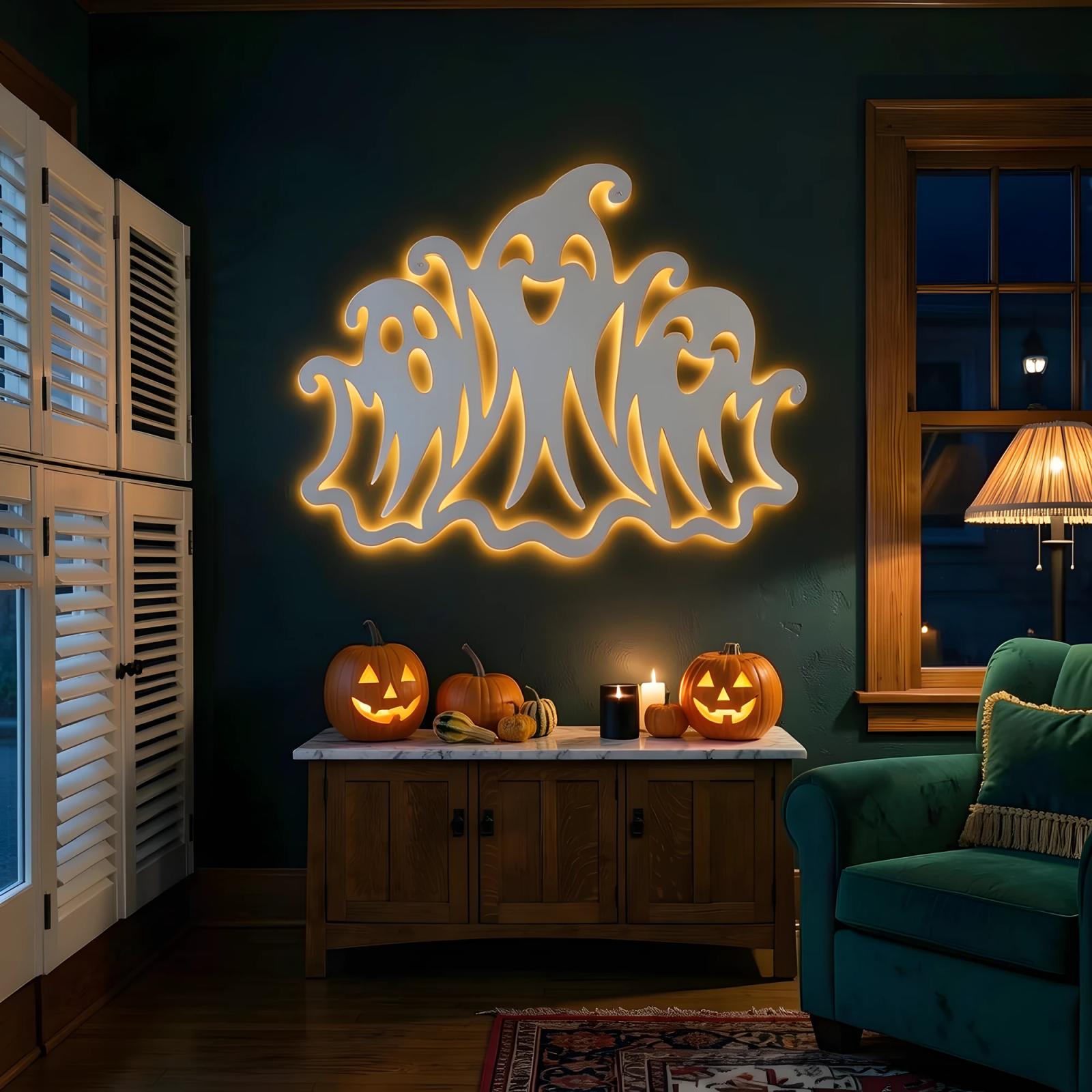 Three Ghosts Halloween LED Metal Wall Art – Merry Haunt, Porch & Living Room Decor — 8