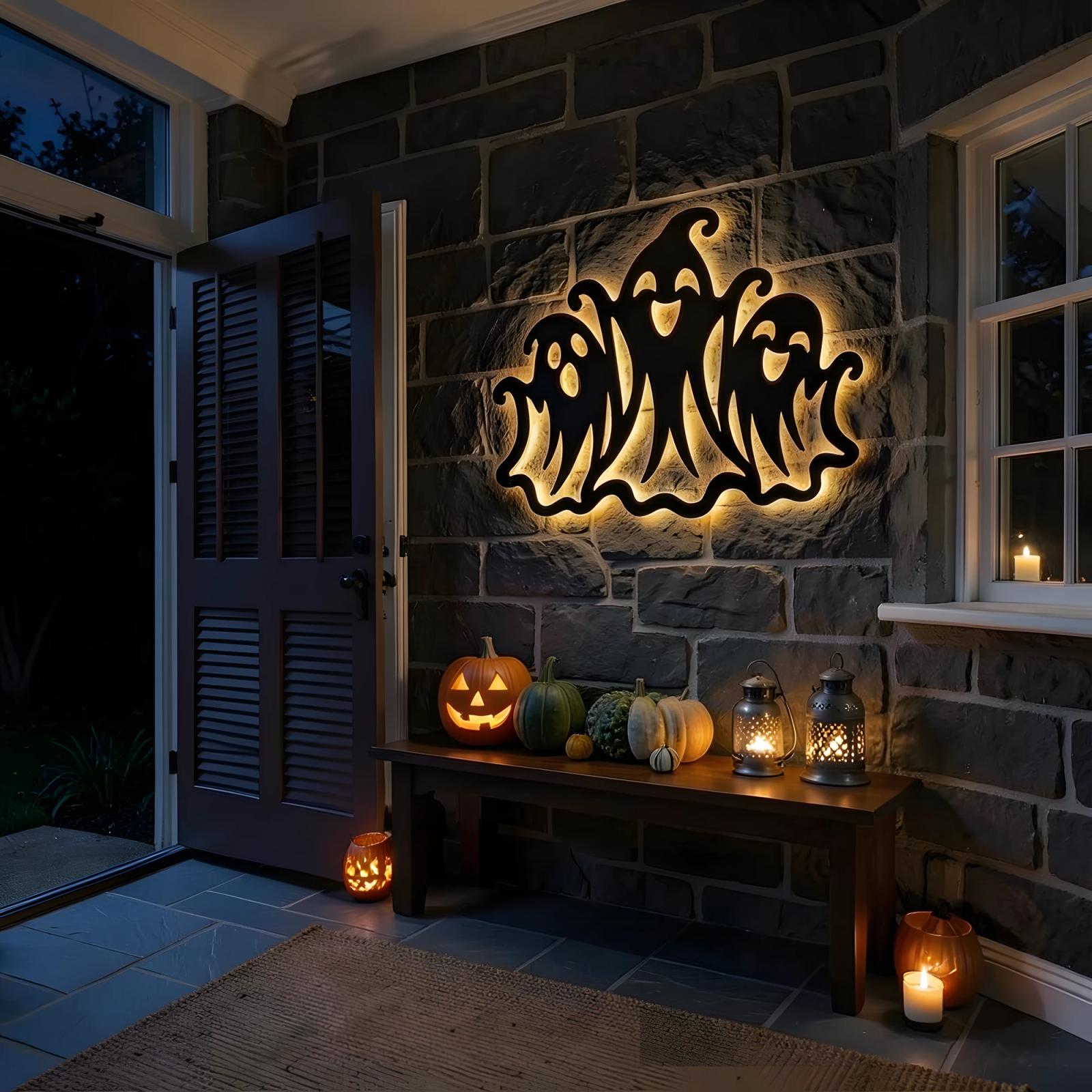 Three Ghosts Halloween LED Metal Wall Art – Merry Haunt, Porch & Living Room Decor — 9