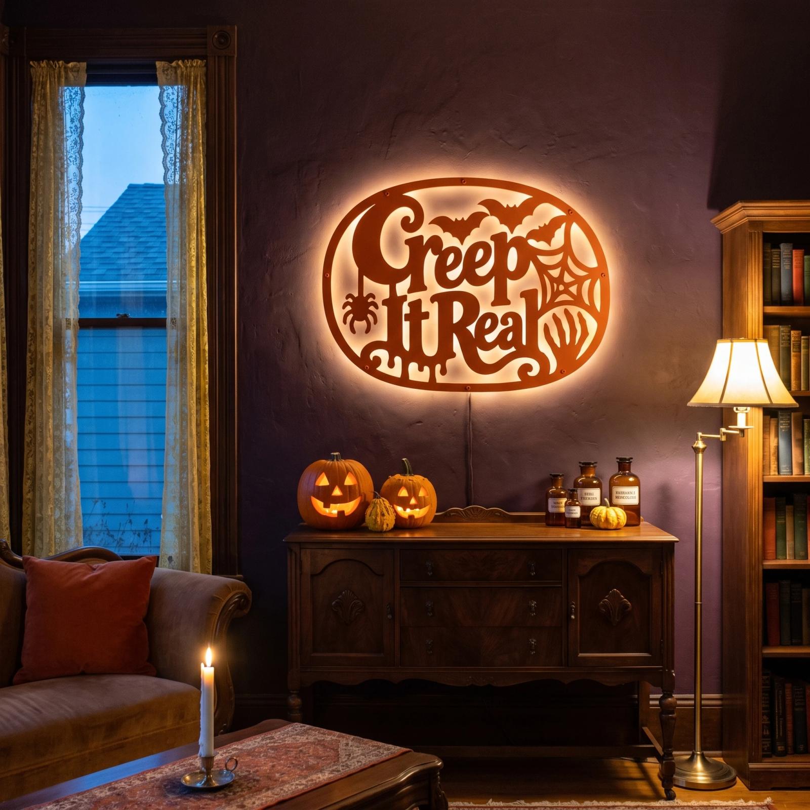 Creep It Real Halloween LED Metal Wall Art – Grave Humor, Gothic Entryway & Living Room Decor