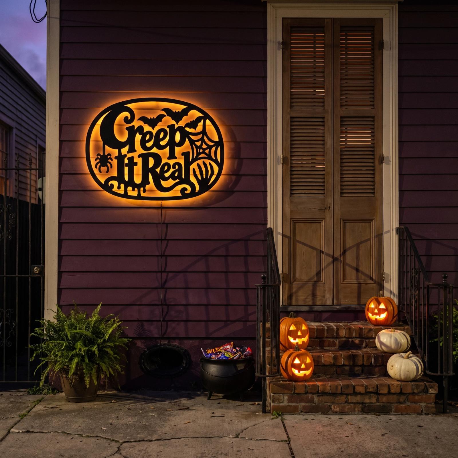 Creep It Real Halloween LED Metal Wall Art – Grave Humor, Gothic Entryway & Living Room Decor — 4