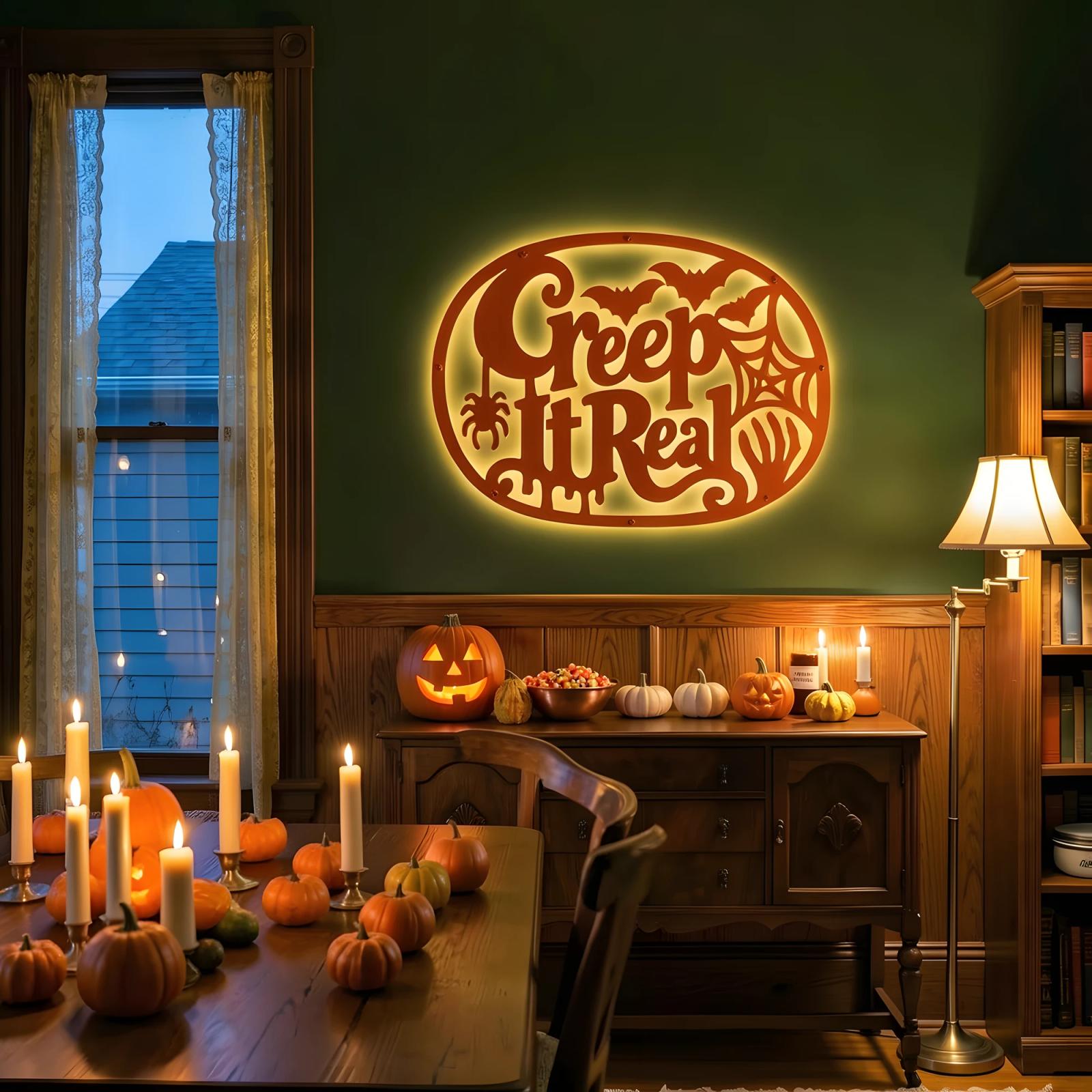Creep It Real Halloween LED Metal Wall Art – Grave Humor, Gothic Entryway & Living Room Decor — 5