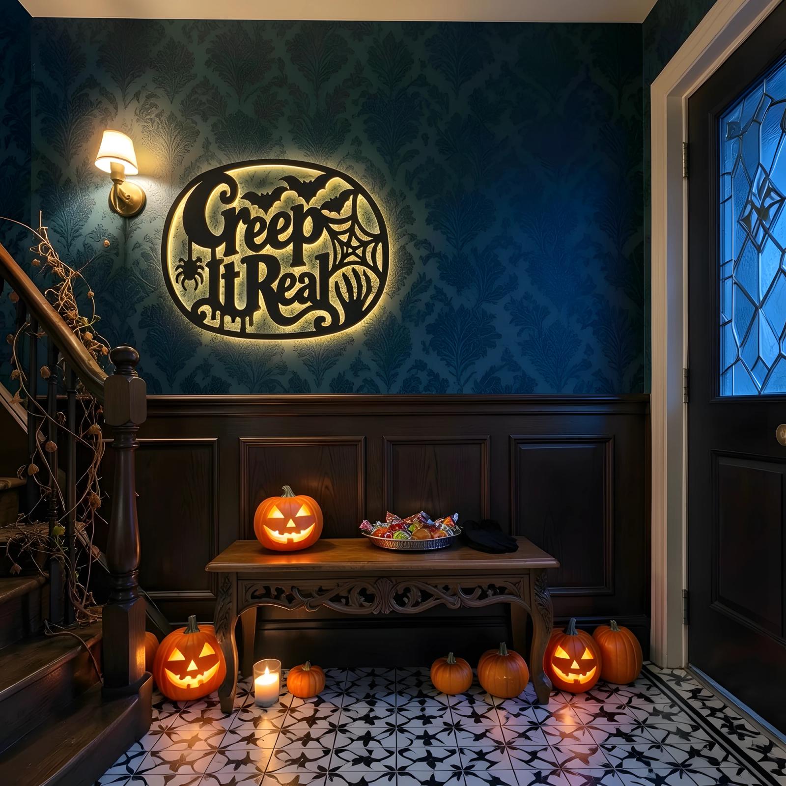 Creep It Real Halloween LED Metal Wall Art – Grave Humor, Gothic Entryway & Living Room Decor — 9