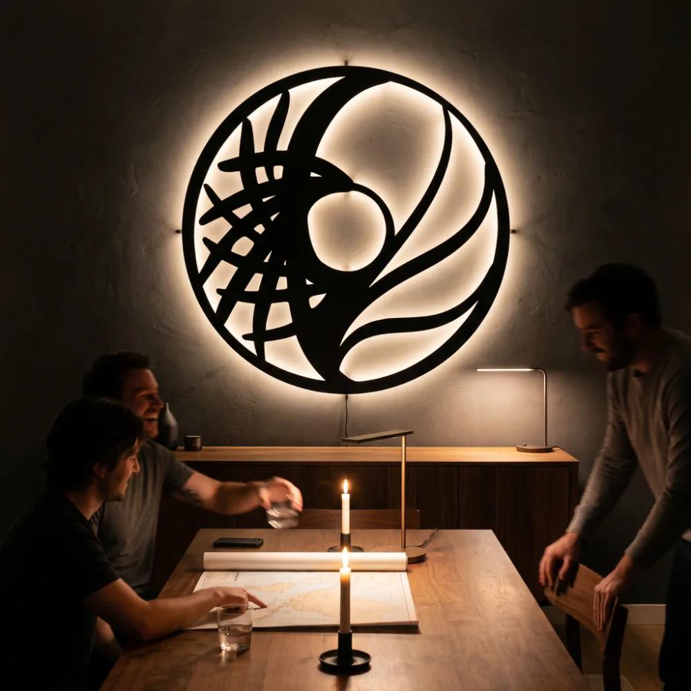 Circle Metal LED Wall Art – Tidal Orbit, Modern Backlit Living Room Decor for Couples — 9