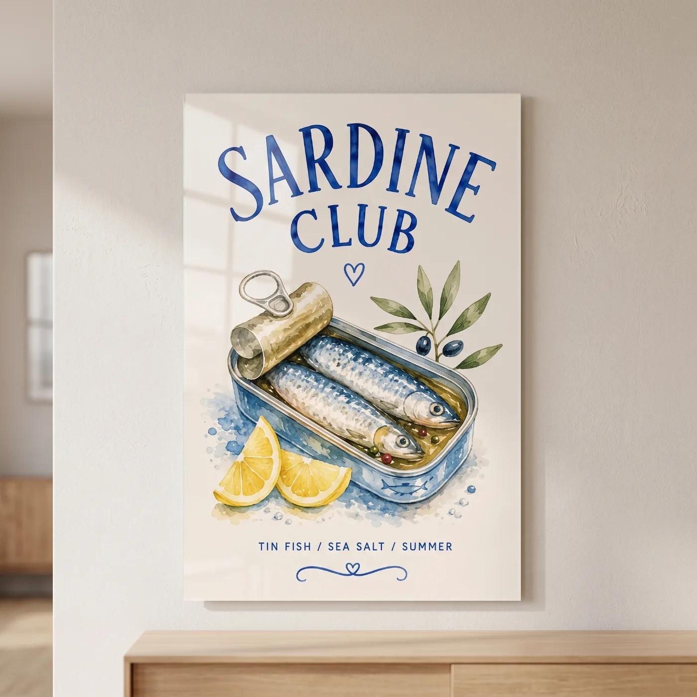 Sardine Tin Kitchen Art Coastal Watercolor | Glass Wall Art