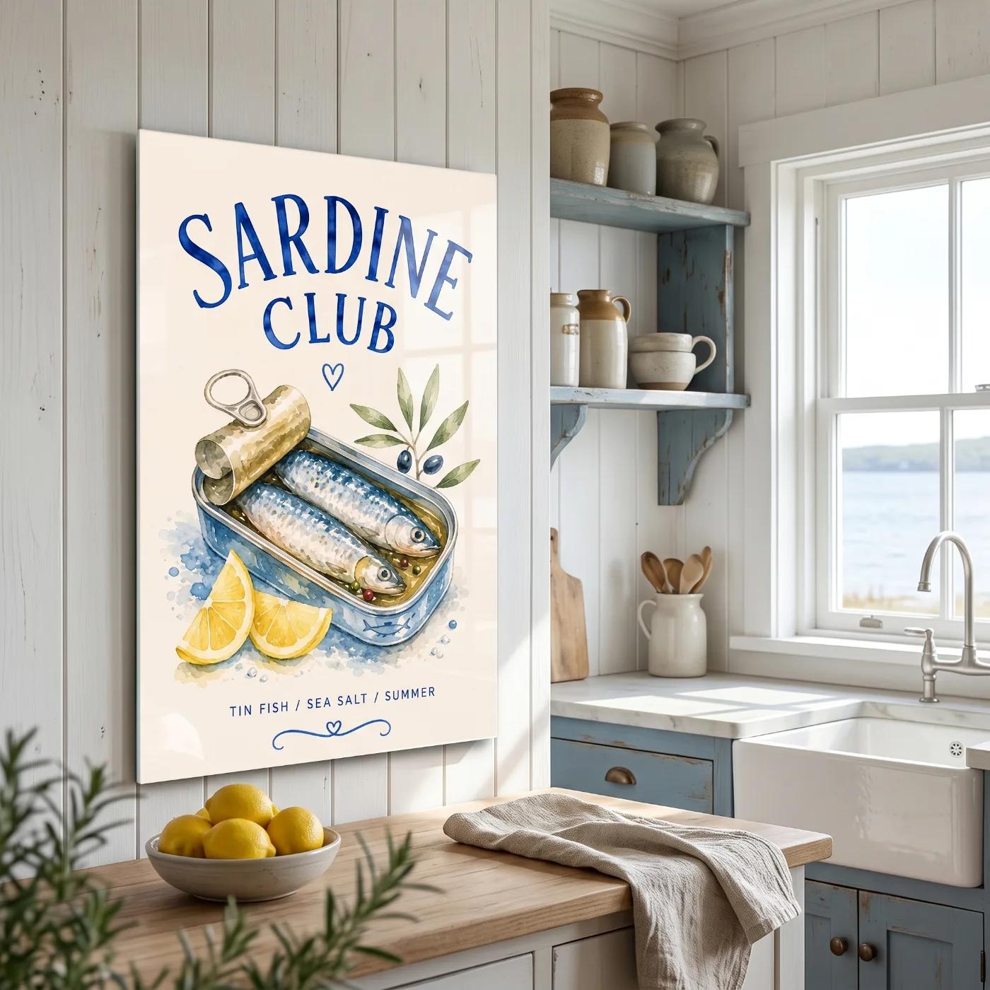 Sardine Tin Kitchen Art Coastal Watercolor | Glass Wall Art — 2