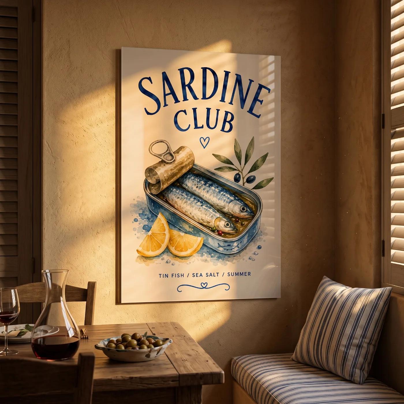 Sardine Tin Kitchen Art Coastal Watercolor | Glass Wall Art — 3
