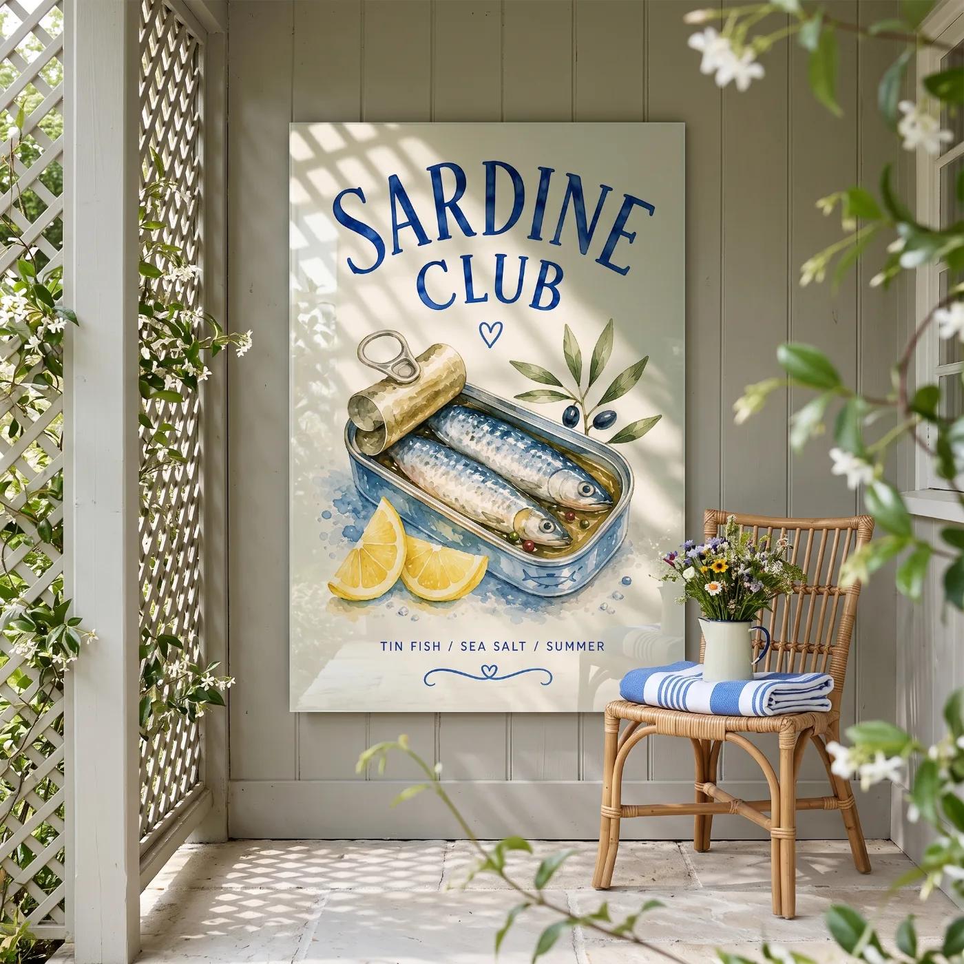 Sardine Tin Kitchen Art Coastal Watercolor | Glass Wall Art — 5
