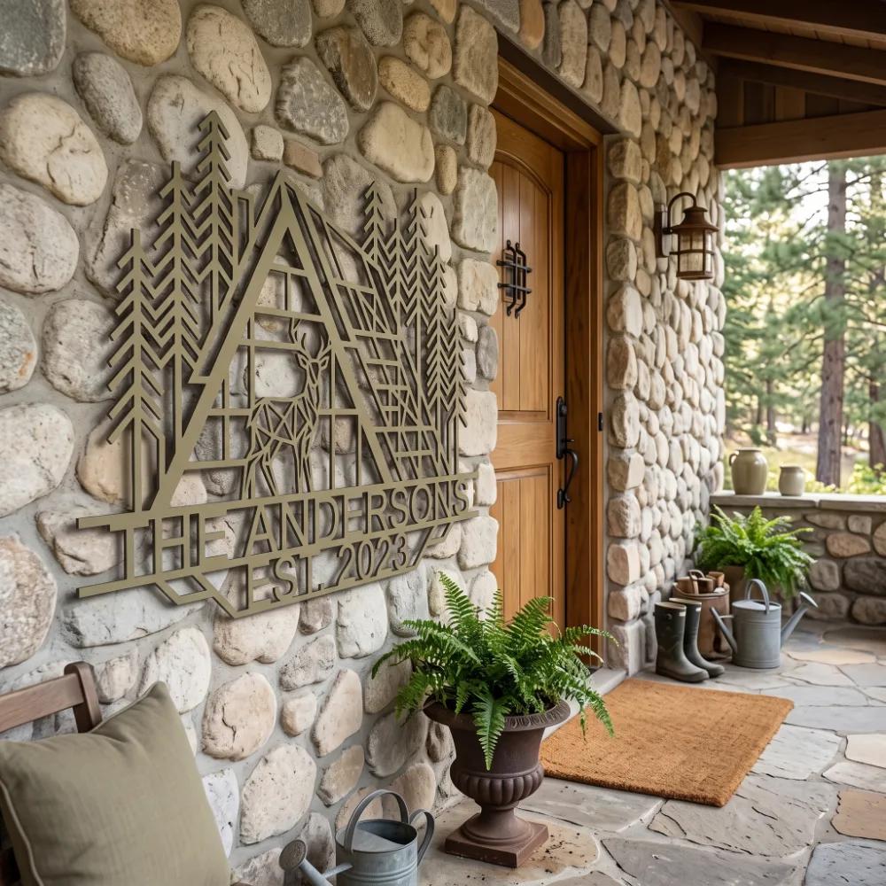 A-Frame Cabin Family Name Sign Metal Wall Art – Forest Haven, Rustic Front Porch Decor — 2