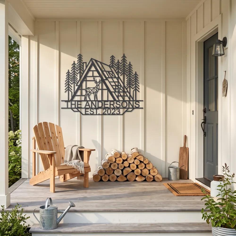 A-Frame Cabin Family Name Sign Metal Wall Art – Forest Haven, Rustic Front Porch Decor — 3