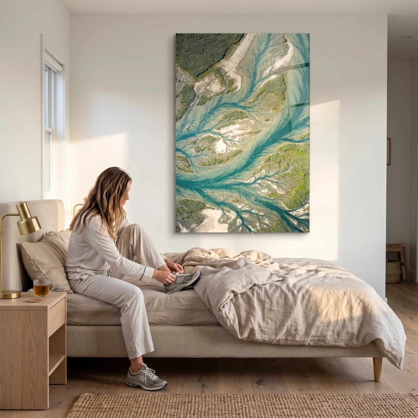 Aerial River Delta Teal Abstract Nature Glass Wall Art