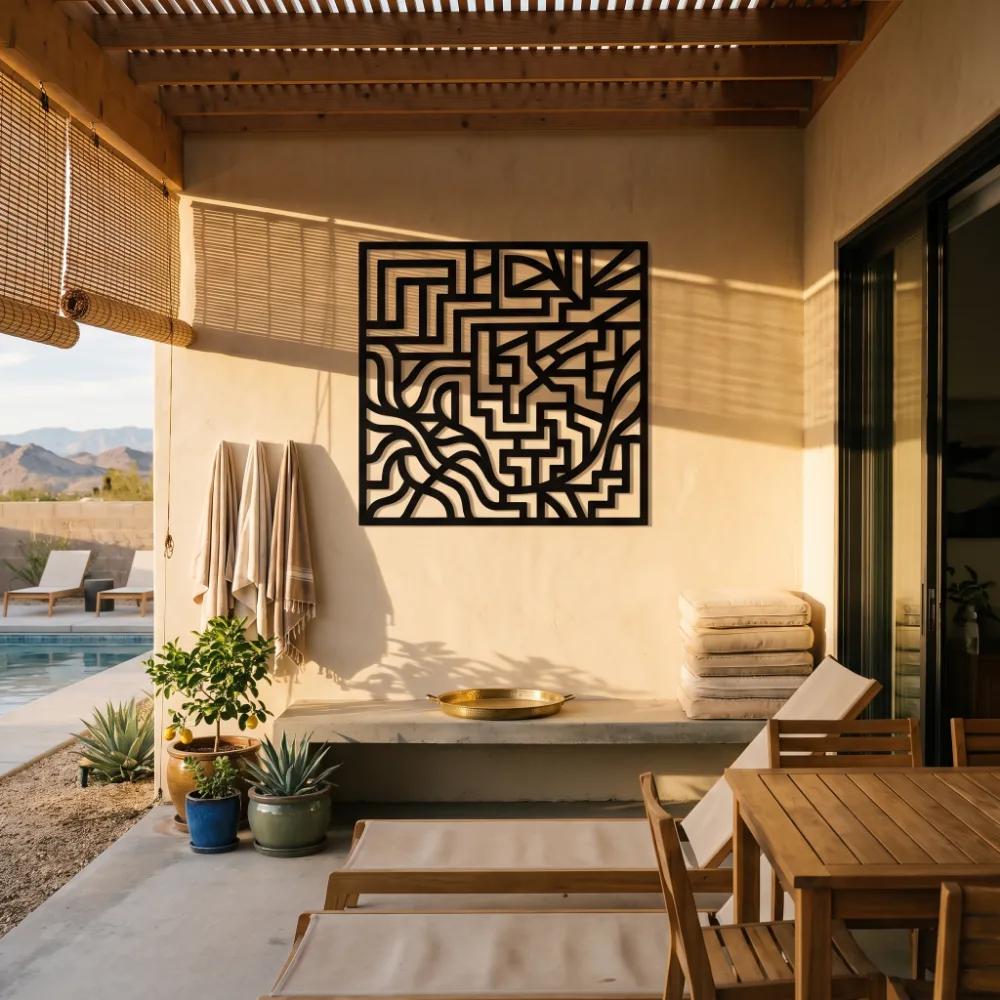 Abstract Maze Metal Wall Art – Meander Grid, Mid Century Living Room Decor — 5