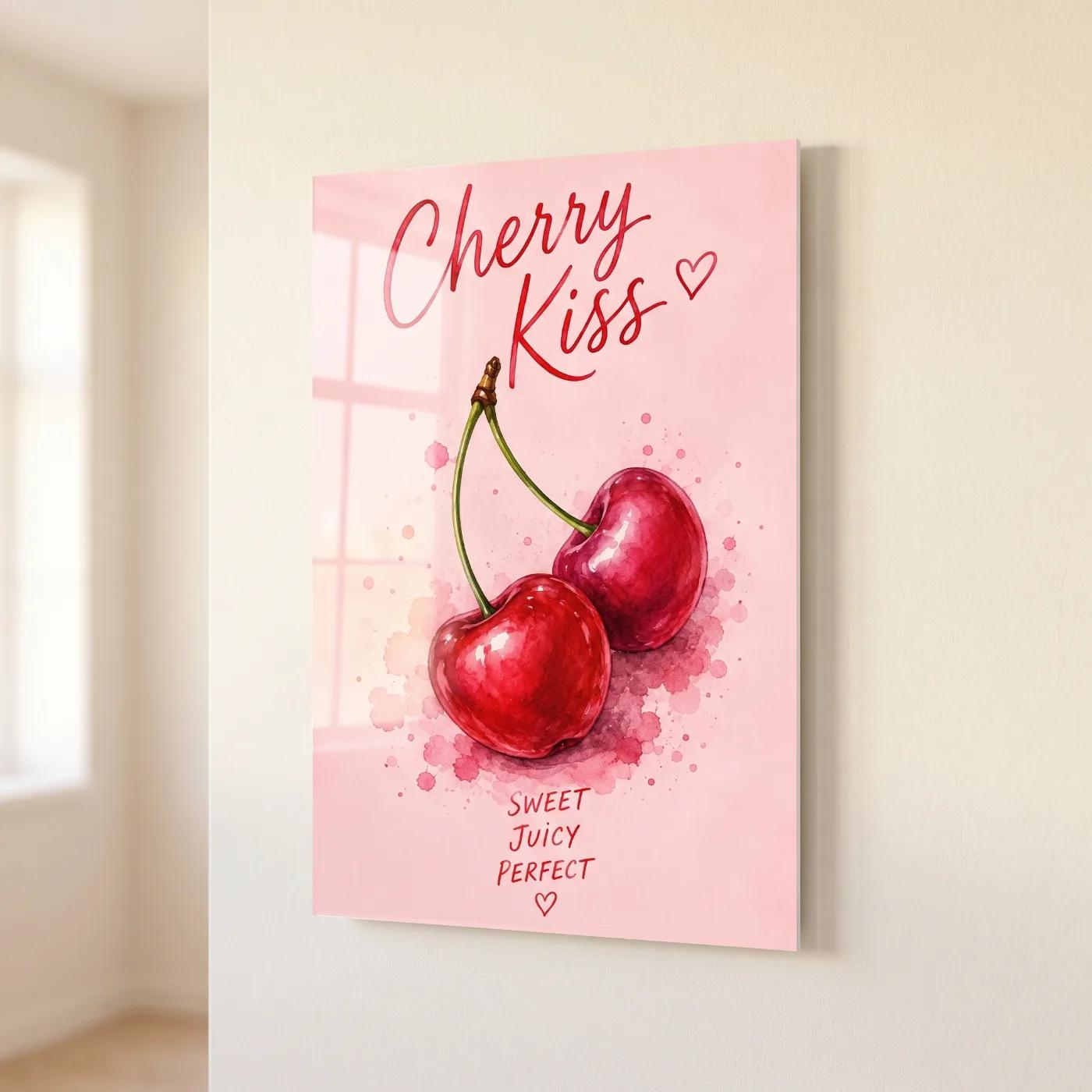 Cherry Wall Art Watercolor Fruit Kitchen Decor | Glass Wall Art
