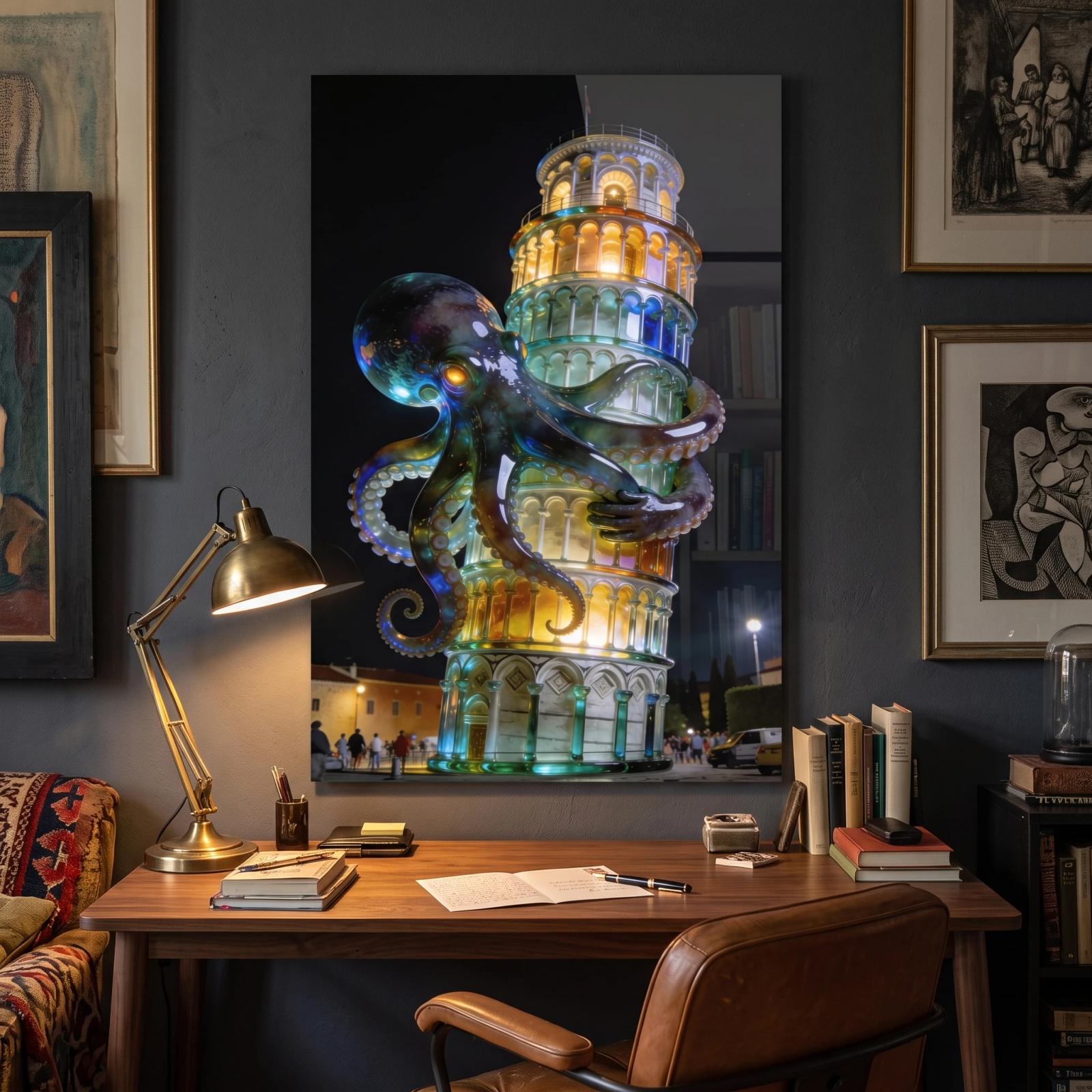 Octopus Pisa Tower Surreal Night Glass Wall Art