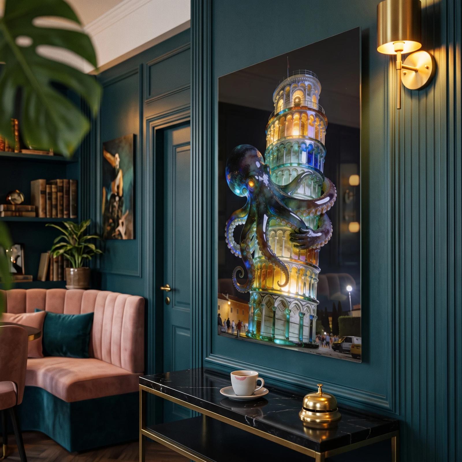 Octopus Pisa Tower Surreal Night Glass Wall Art — 2