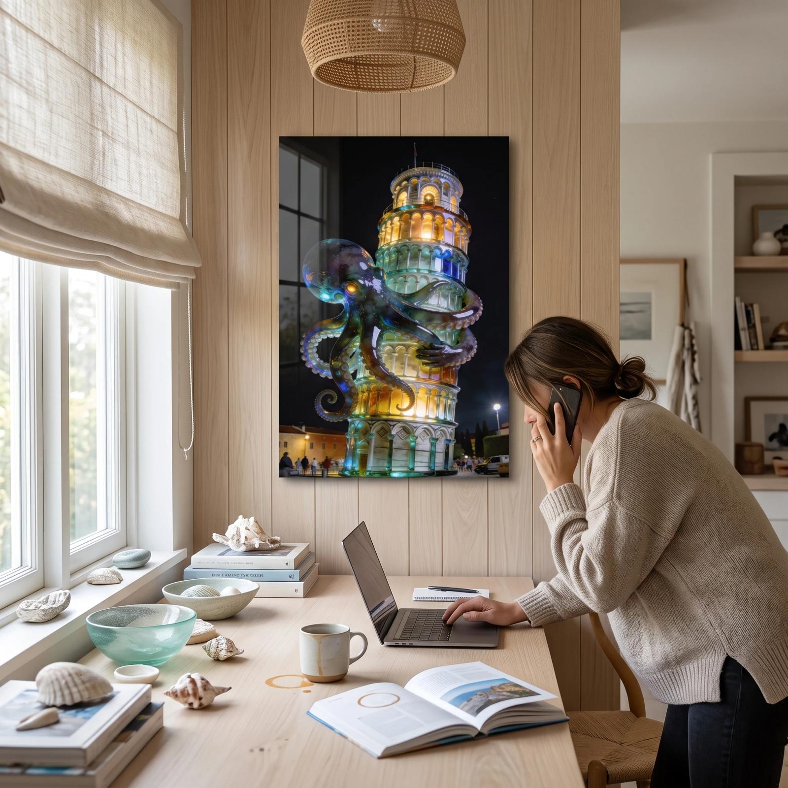 Octopus Pisa Tower Surreal Night Glass Wall Art — 3