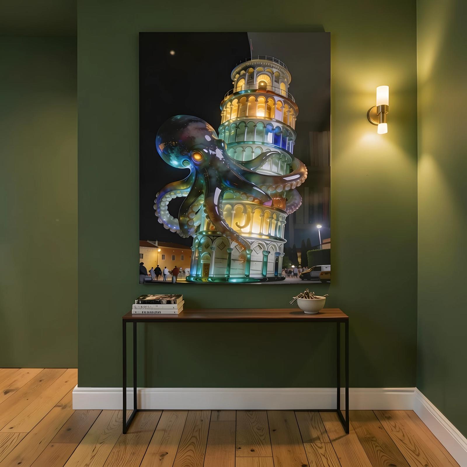 Octopus Pisa Tower Surreal Night Glass Wall Art — 4