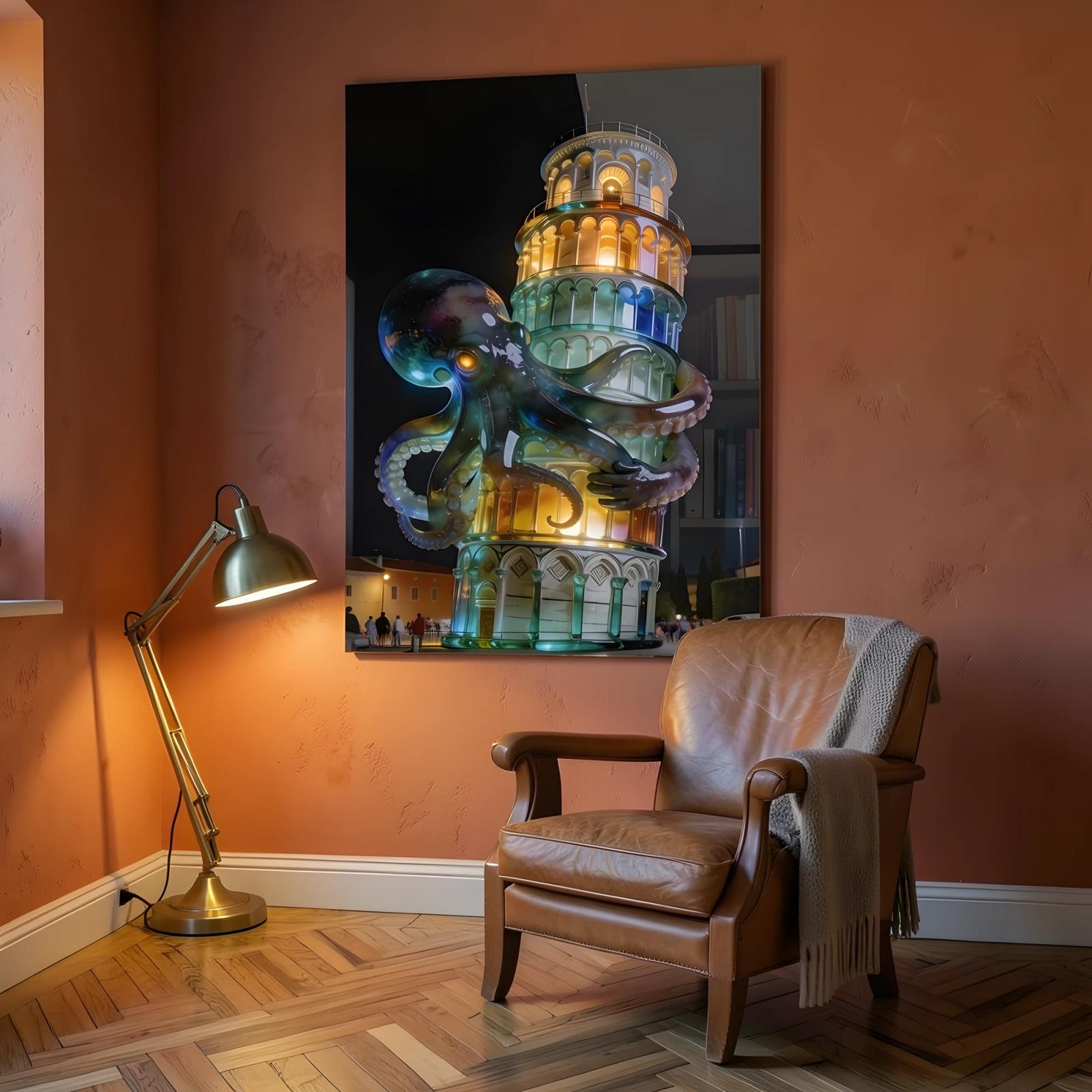 Octopus Pisa Tower Surreal Night Glass Wall Art — 5