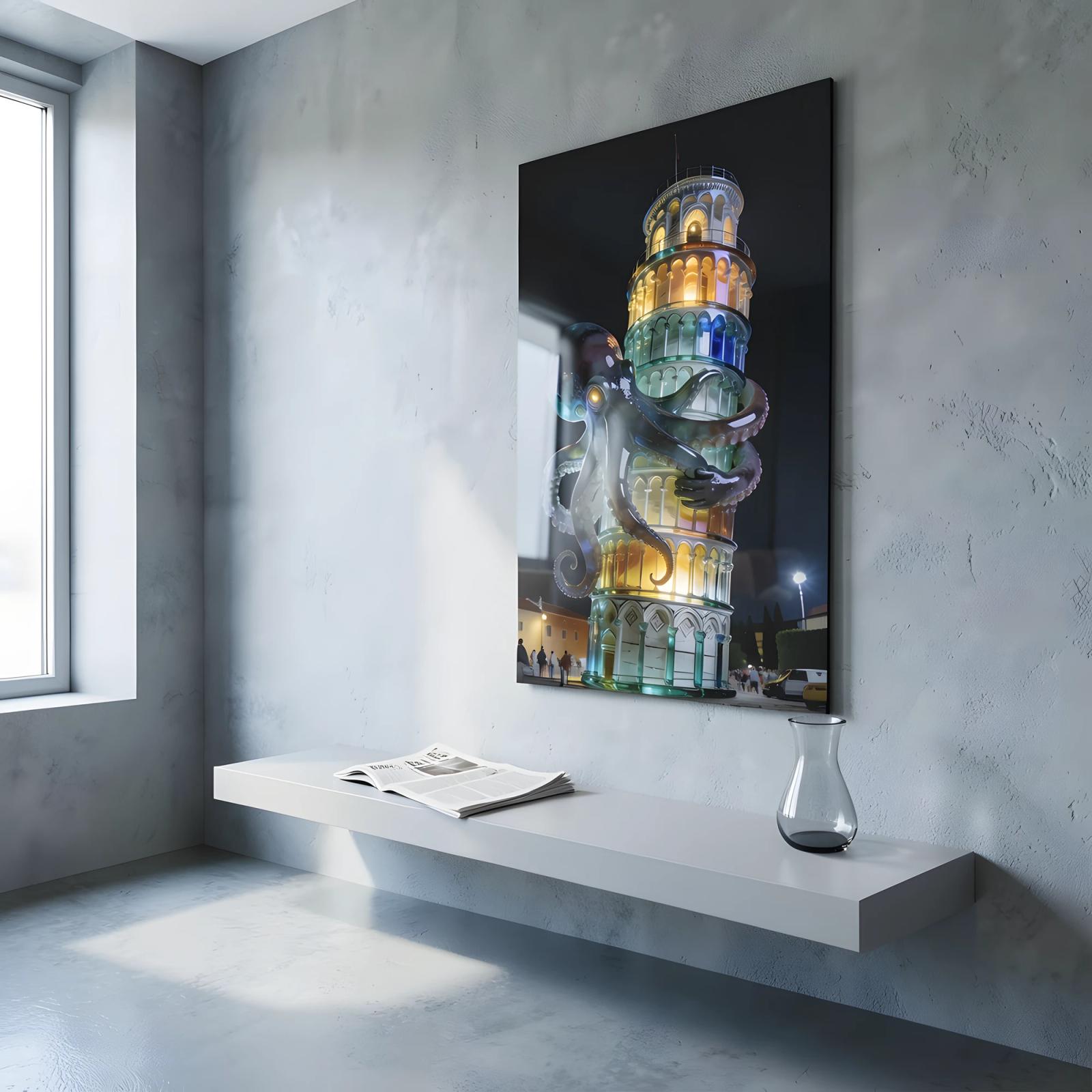Octopus Pisa Tower Surreal Night Glass Wall Art — 6