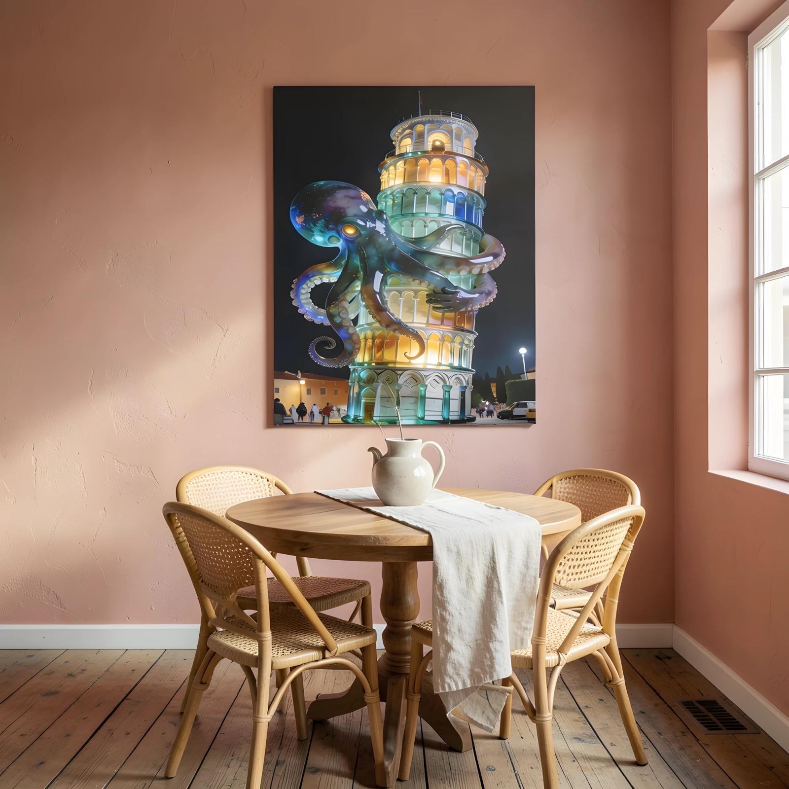 Octopus Pisa Tower Surreal Night Glass Wall Art — 7