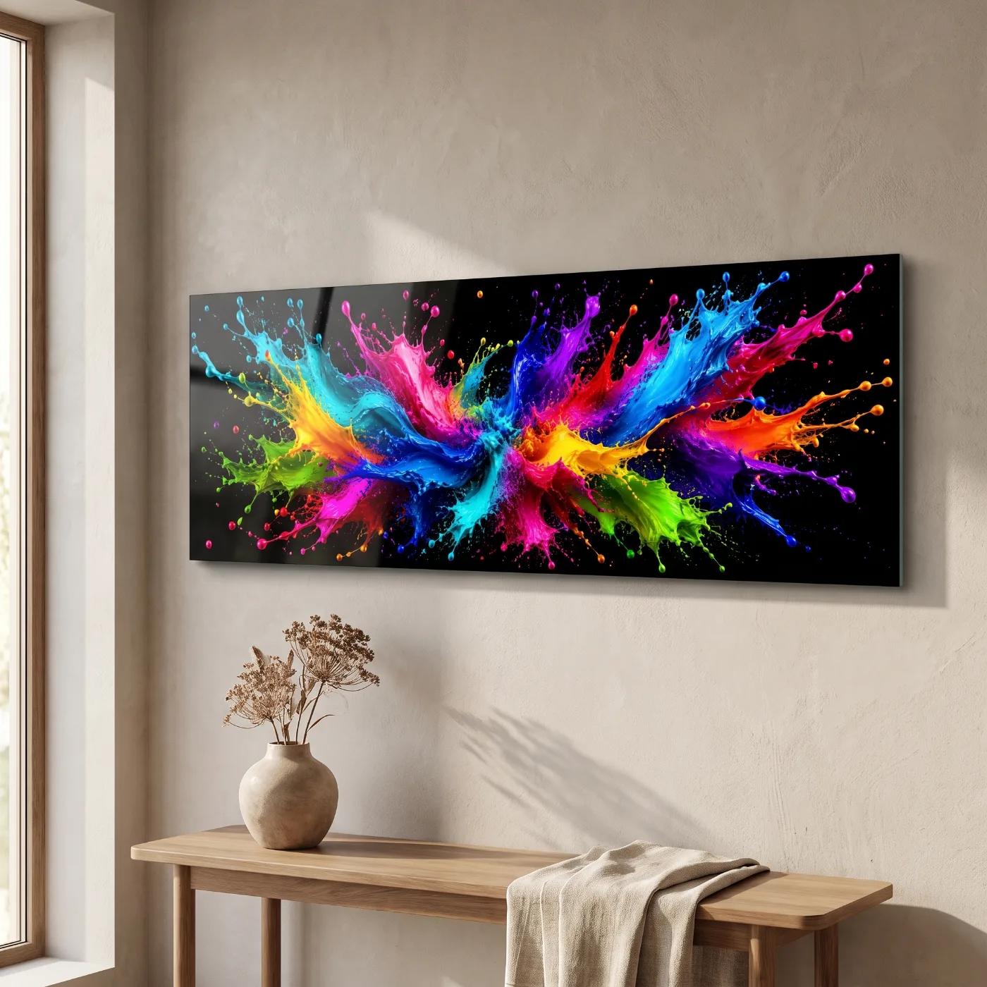 Colorful Paint Splash Wall Art Vivid Rainbow Abstract | Glass Wall Art