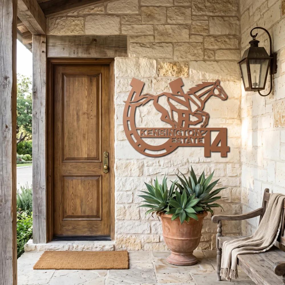 Custom Equestrian Estate Metal Address Sign – Arrival Gallop, Ranch Facade Decor