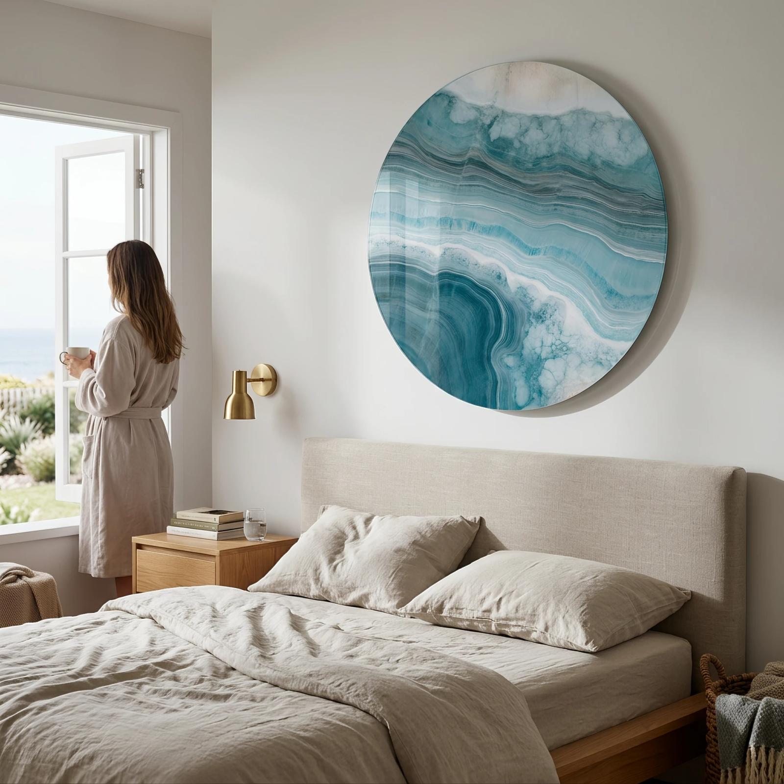 Teal Agate Abstract Wall Art Coastal Round Glass Wall Art