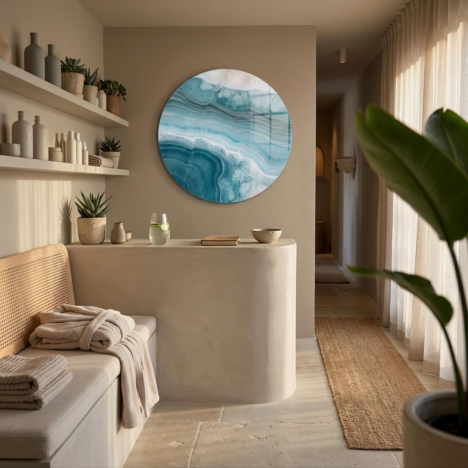 Teal Agate Abstract Wall Art Coastal Round Glass Wall Art — 2