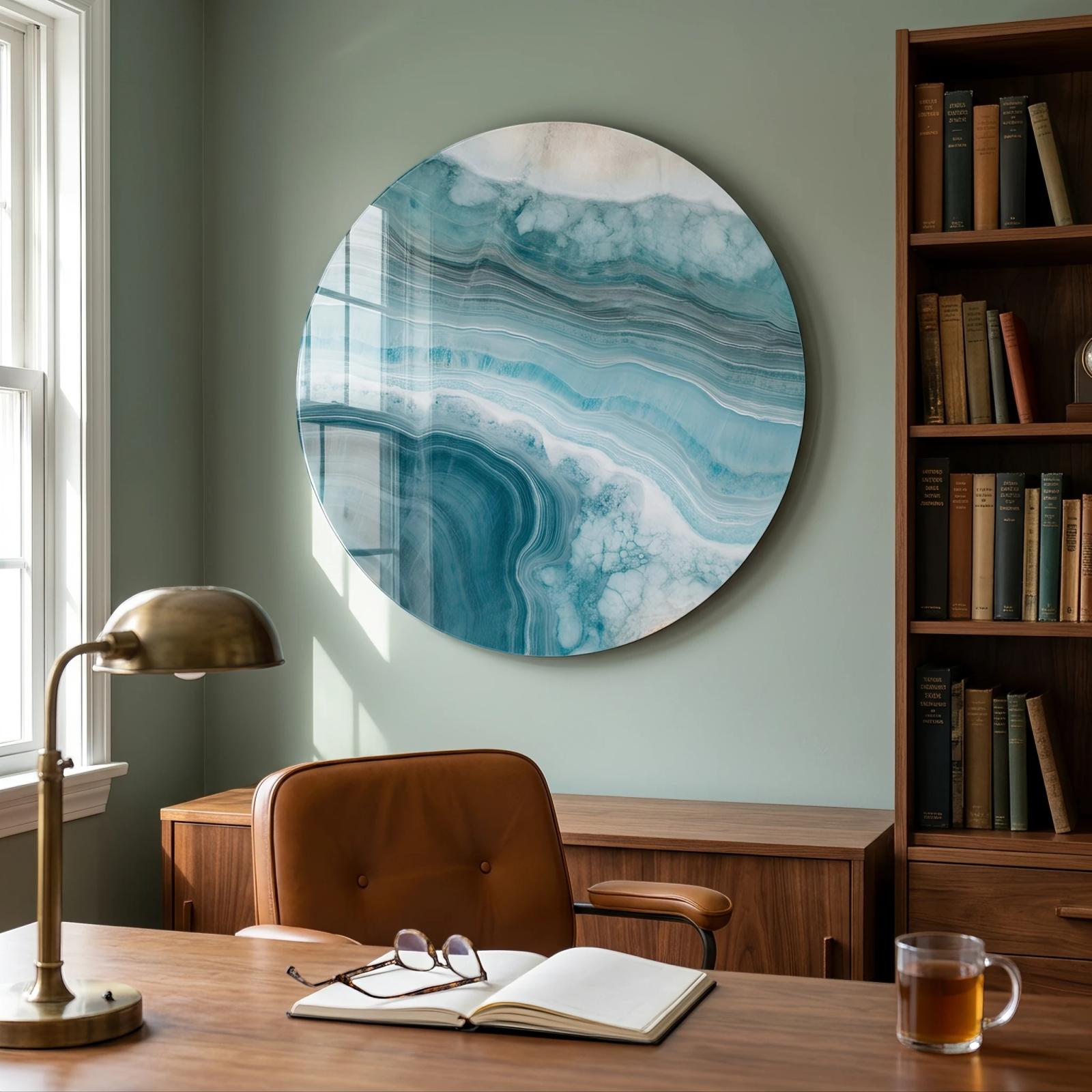 Teal Agate Abstract Wall Art Coastal Round Glass Wall Art — 3