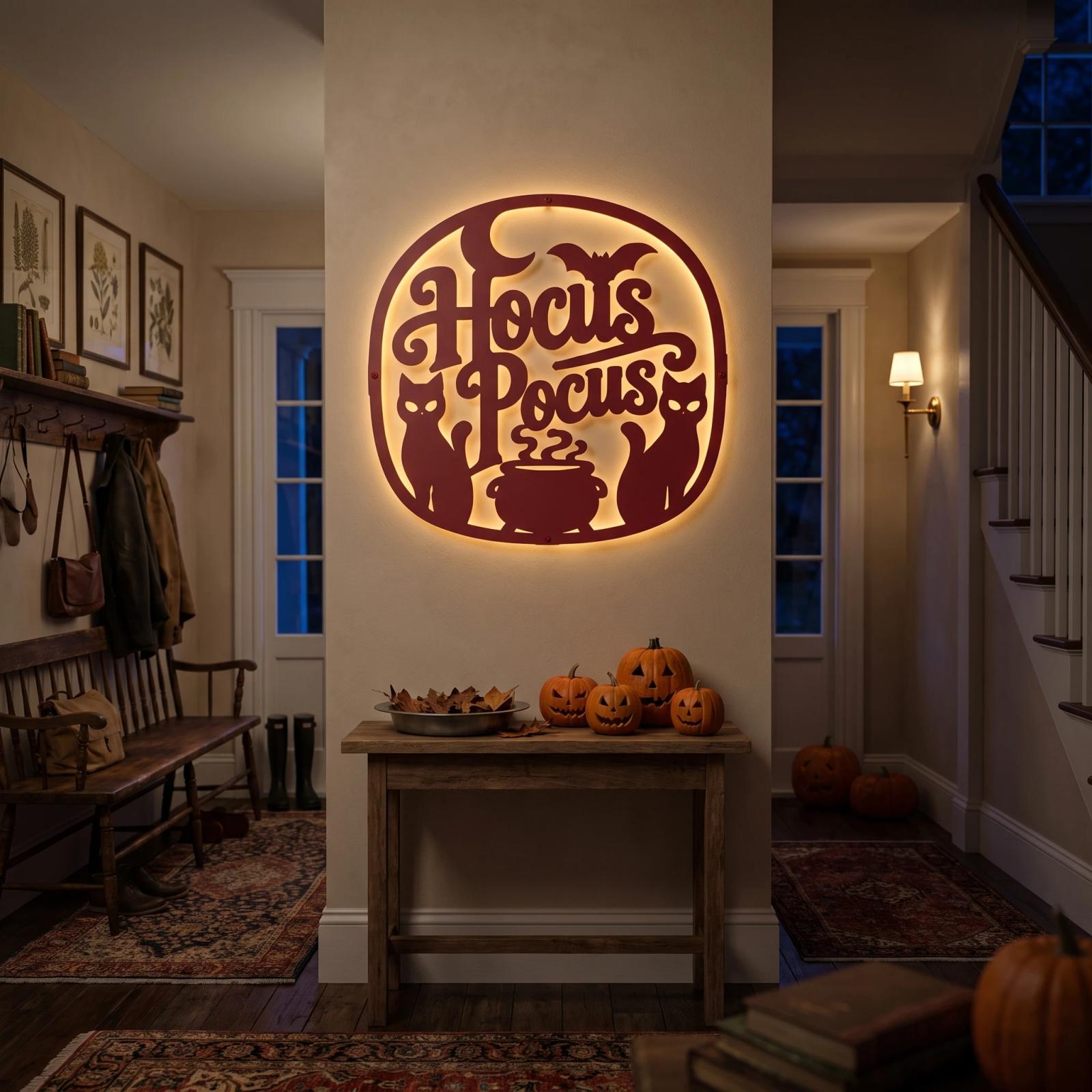 Hocus Pocus Halloween LED Metal Wall Art – Coven Glow, Entryway Decor