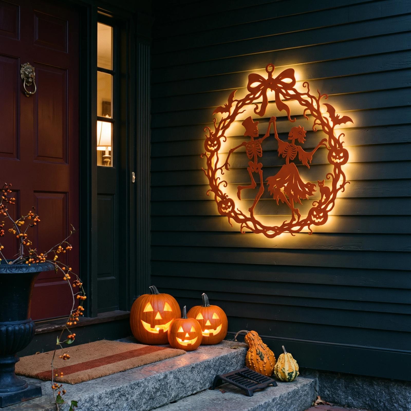 Halloween Skeleton Wreath LED Metal Wall Art – Danse Macabre, Front Door Decor