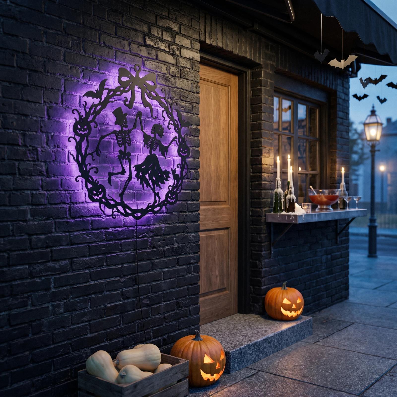 Halloween Skeleton Wreath LED Metal Wall Art – Danse Macabre, Front Door Decor — 3