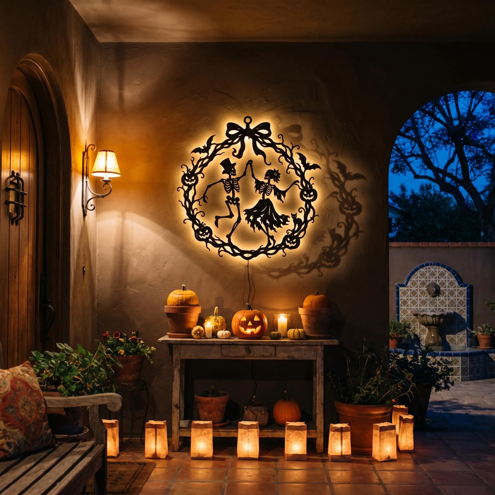Halloween Skeleton Wreath LED Metal Wall Art – Danse Macabre, Front Door Decor — 4