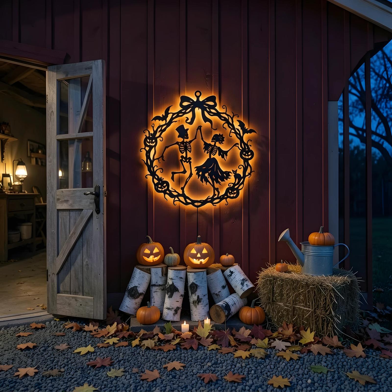 Halloween Skeleton Wreath LED Metal Wall Art – Danse Macabre, Front Door Decor — 6