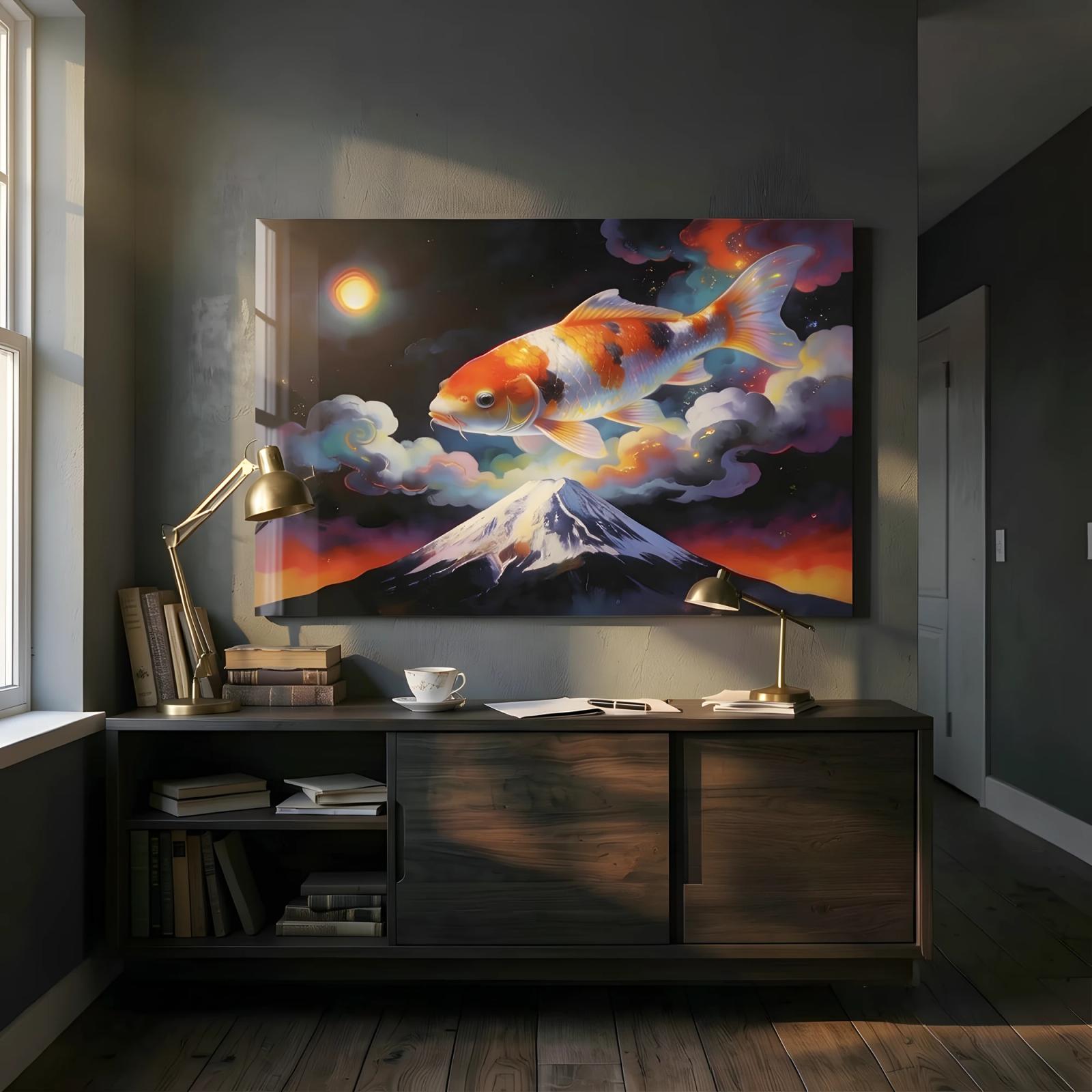 Cosmic Koi Fish Celestial Mountain Glass Wall Art — 4