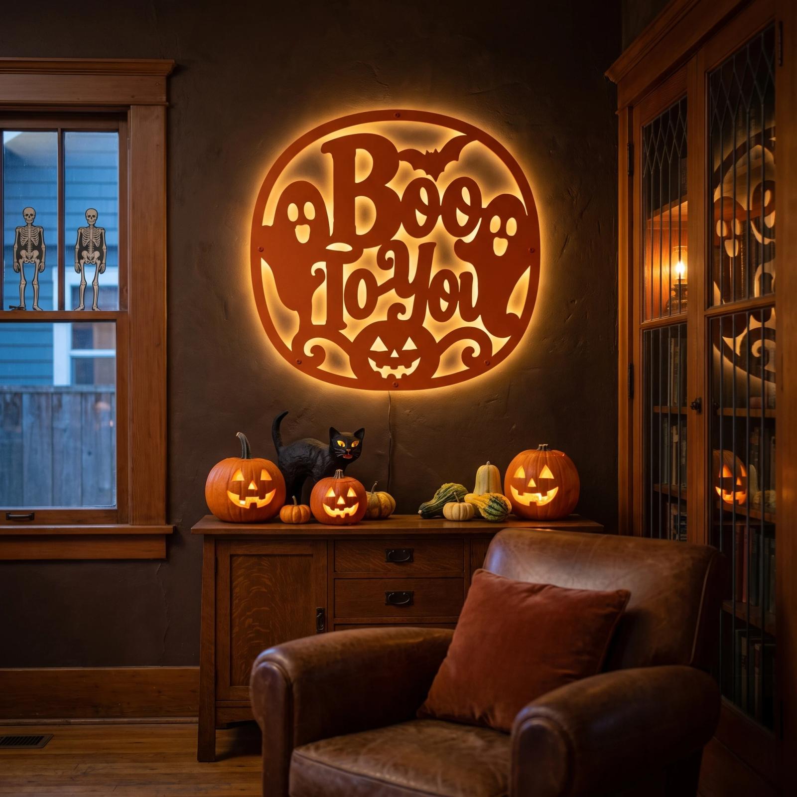 Halloween Boo To You LED Metal Wall Art – Ghostly Welcome, Family Entryway Decor