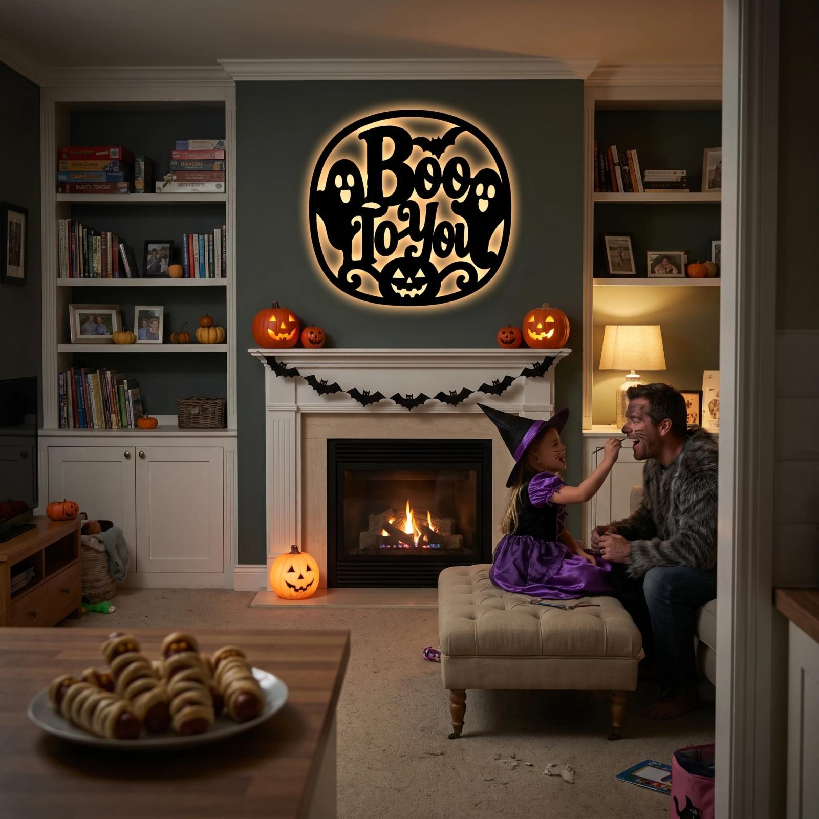 Halloween Boo To You LED Metal Wall Art – Ghostly Welcome, Family Entryway Decor — 2