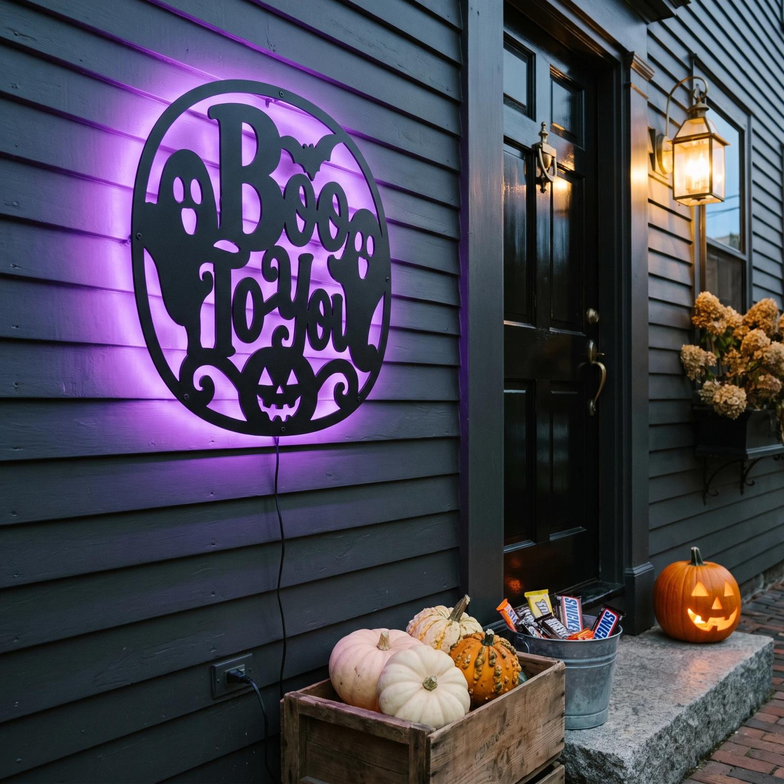 Halloween Boo To You LED Metal Wall Art – Ghostly Welcome, Family Entryway Decor — 3