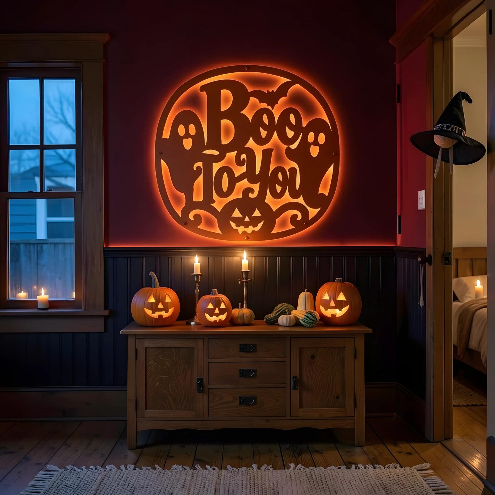 Halloween Boo To You LED Metal Wall Art – Ghostly Welcome, Family Entryway Decor — 4