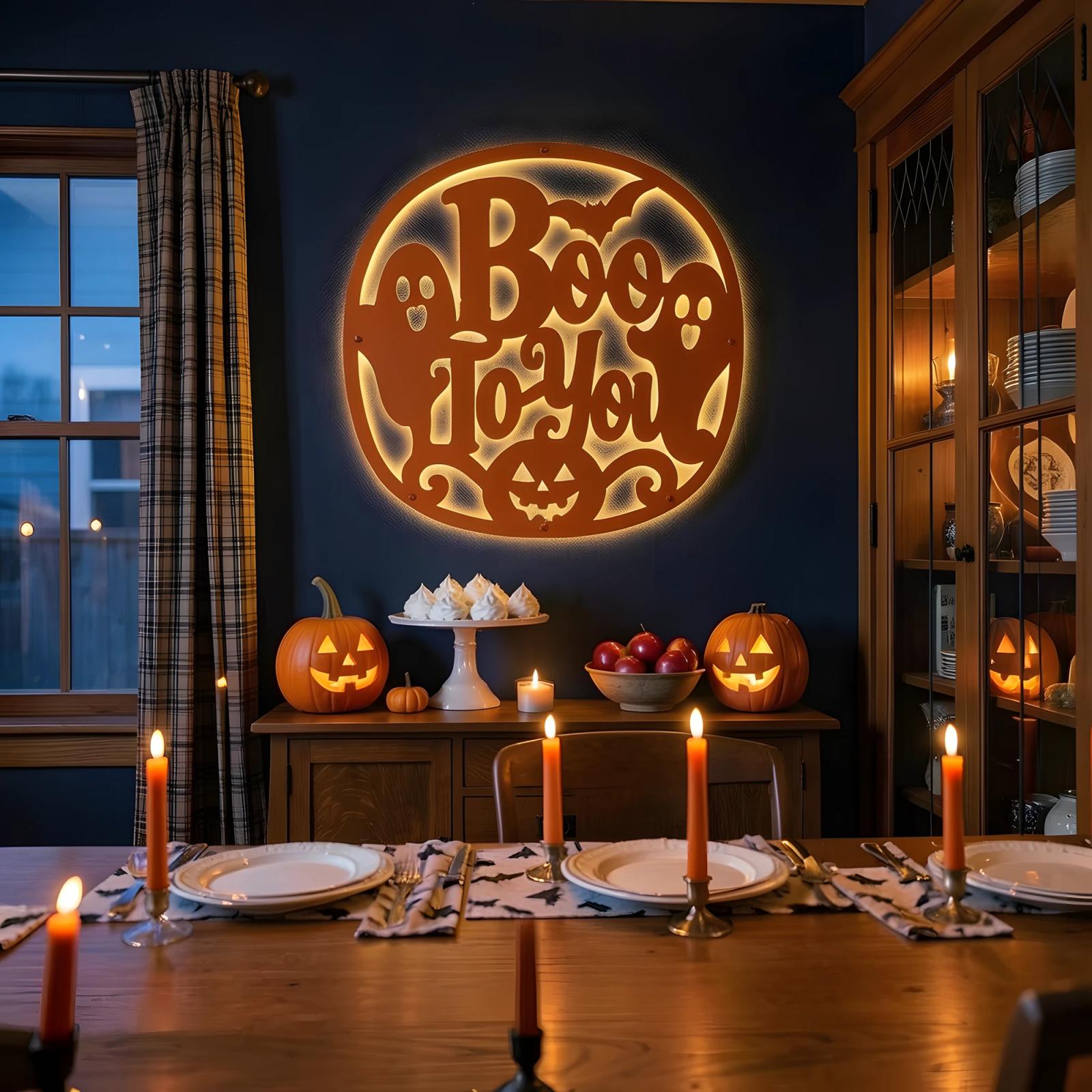 Halloween Boo To You LED Metal Wall Art – Ghostly Welcome, Family Entryway Decor — 6