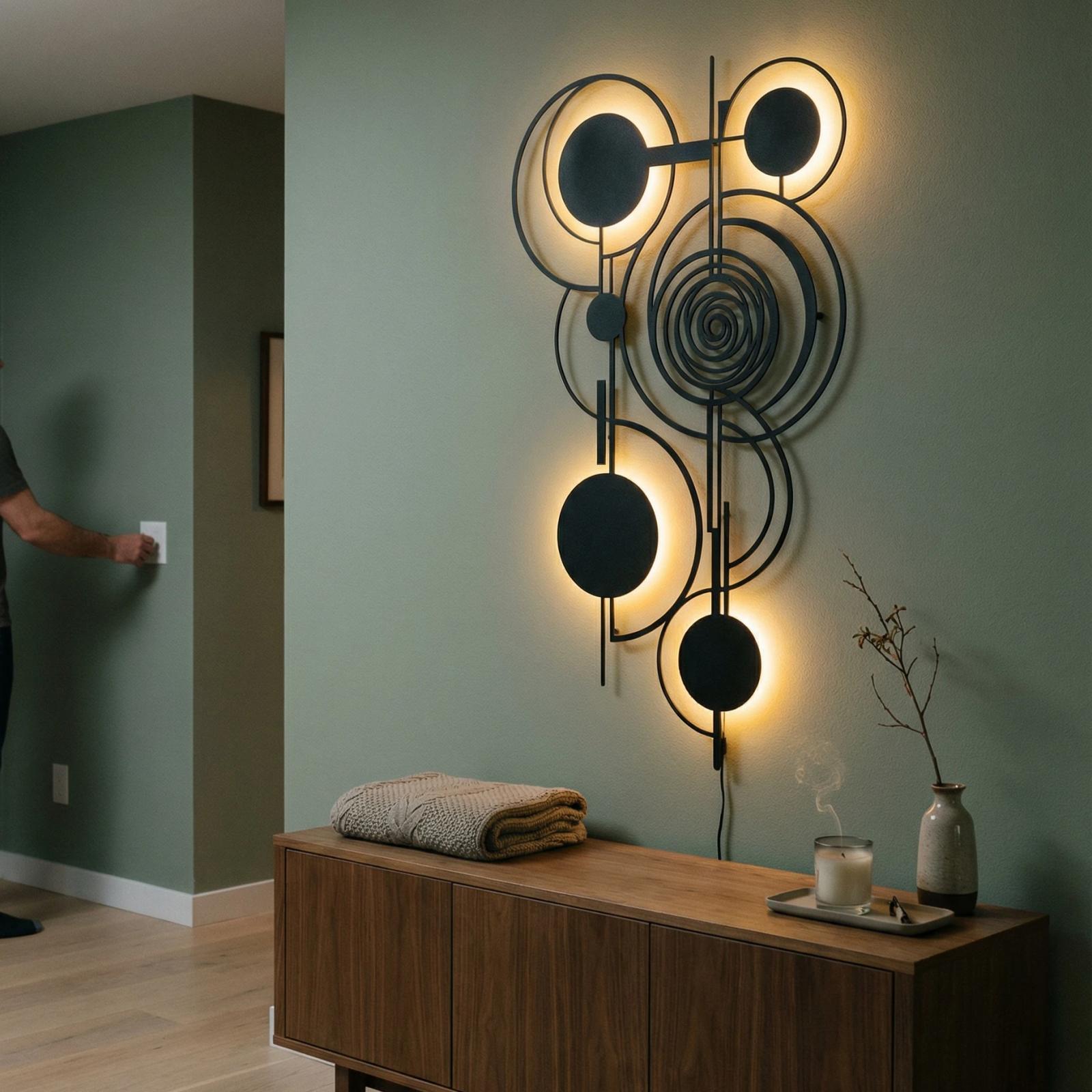 Mid Century Geometric Metal Wall Art – Orbital Harmony, Living Room Decor — 14