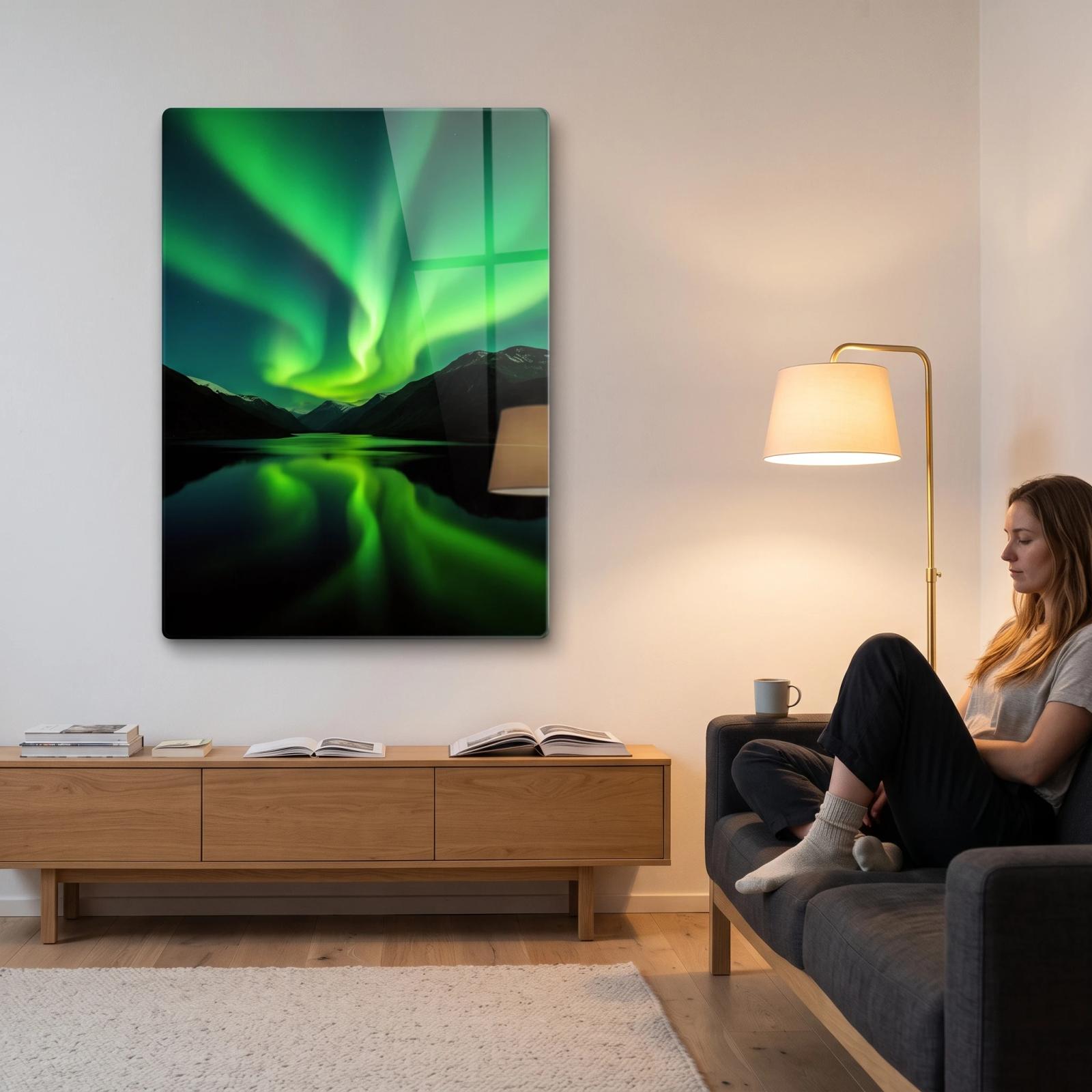 Aurora Borealis Glass Wall Art Night Fjord Reflection | Glass Wall Art