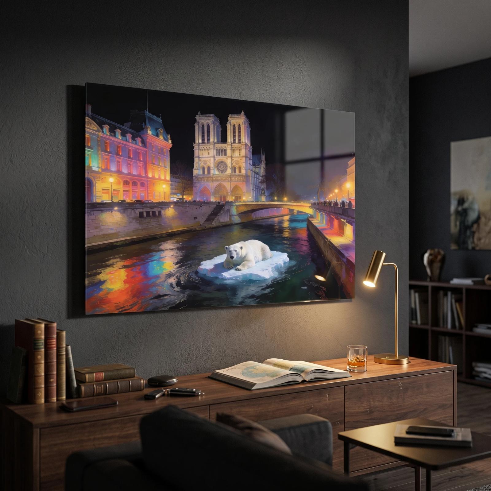 Polar Bear Paris Night Notre Dame Tempered Glass Print